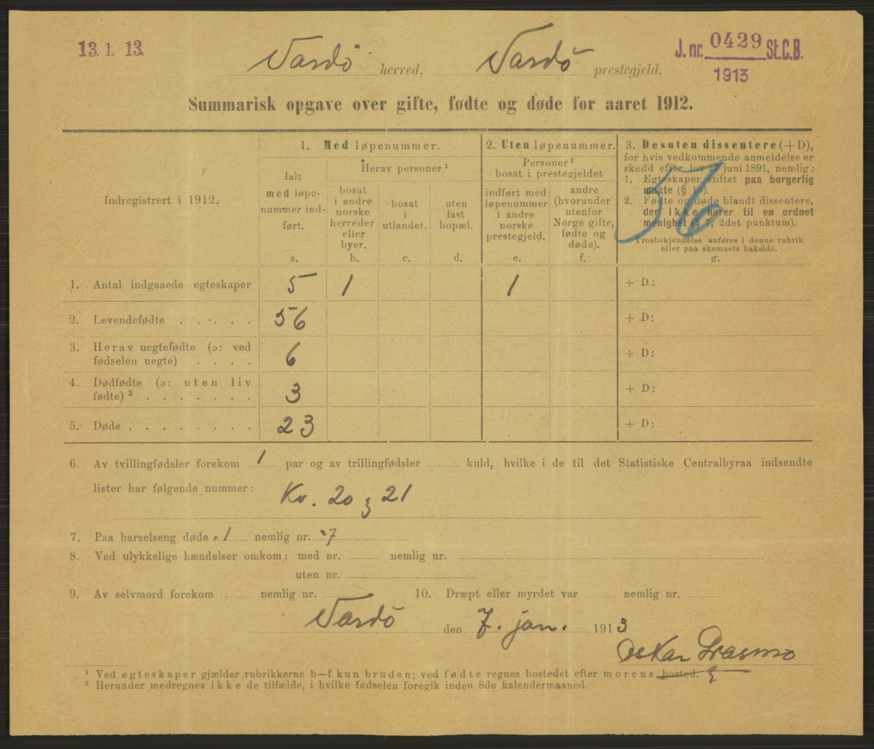 Statistisk sentralbyrå, Sosiodemografiske emner, Befolkning, RA/S-2228/D/Df/Dfb/Dfbb/L0052: Summariske oppgaver over gifte, fødte og døde for hele landet., 1912, p. 1567