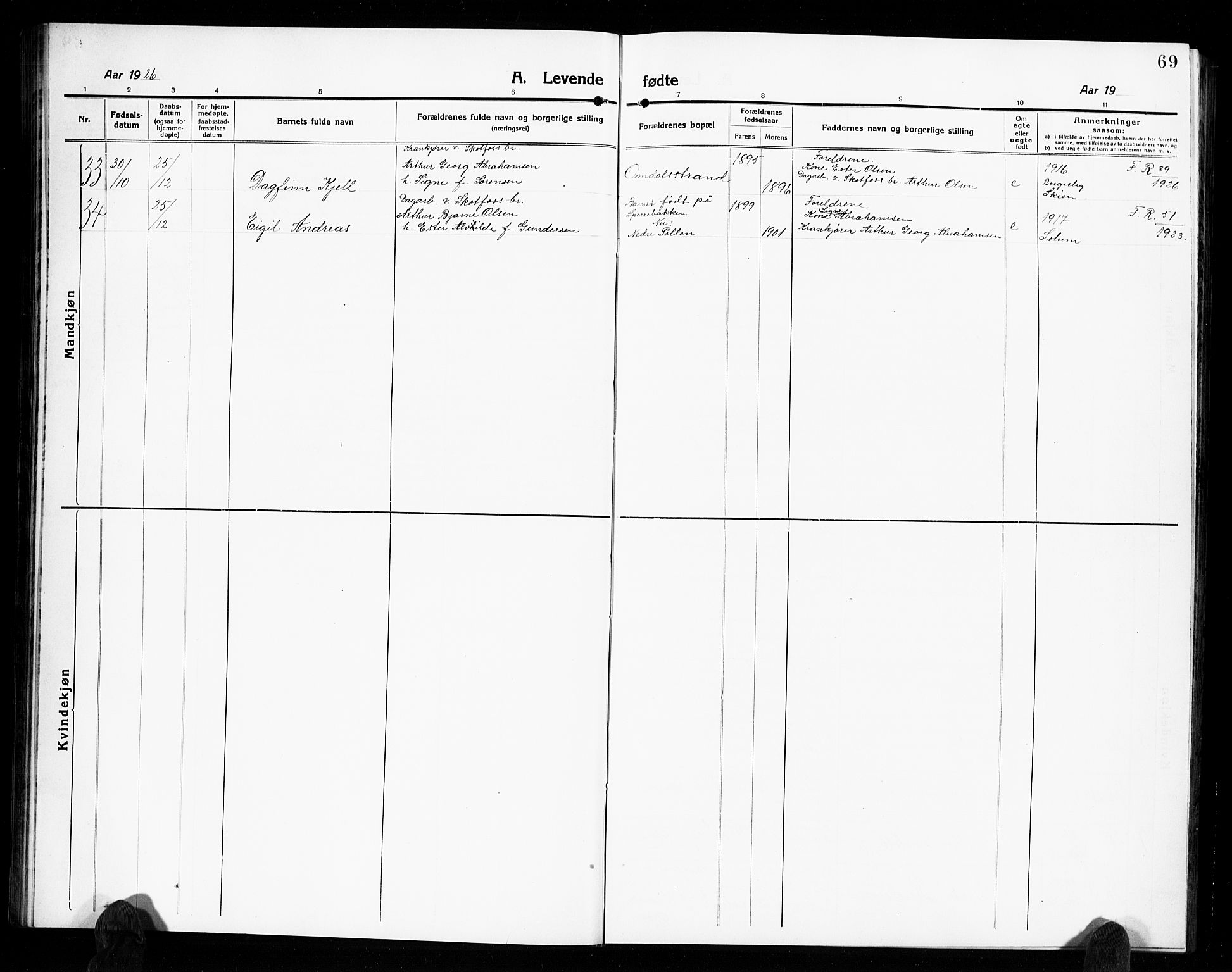 Solum kirkebøker, SAKO/A-306/G/Gb/L0006: Parish register (copy) no. II 6, 1915-1927, p. 69