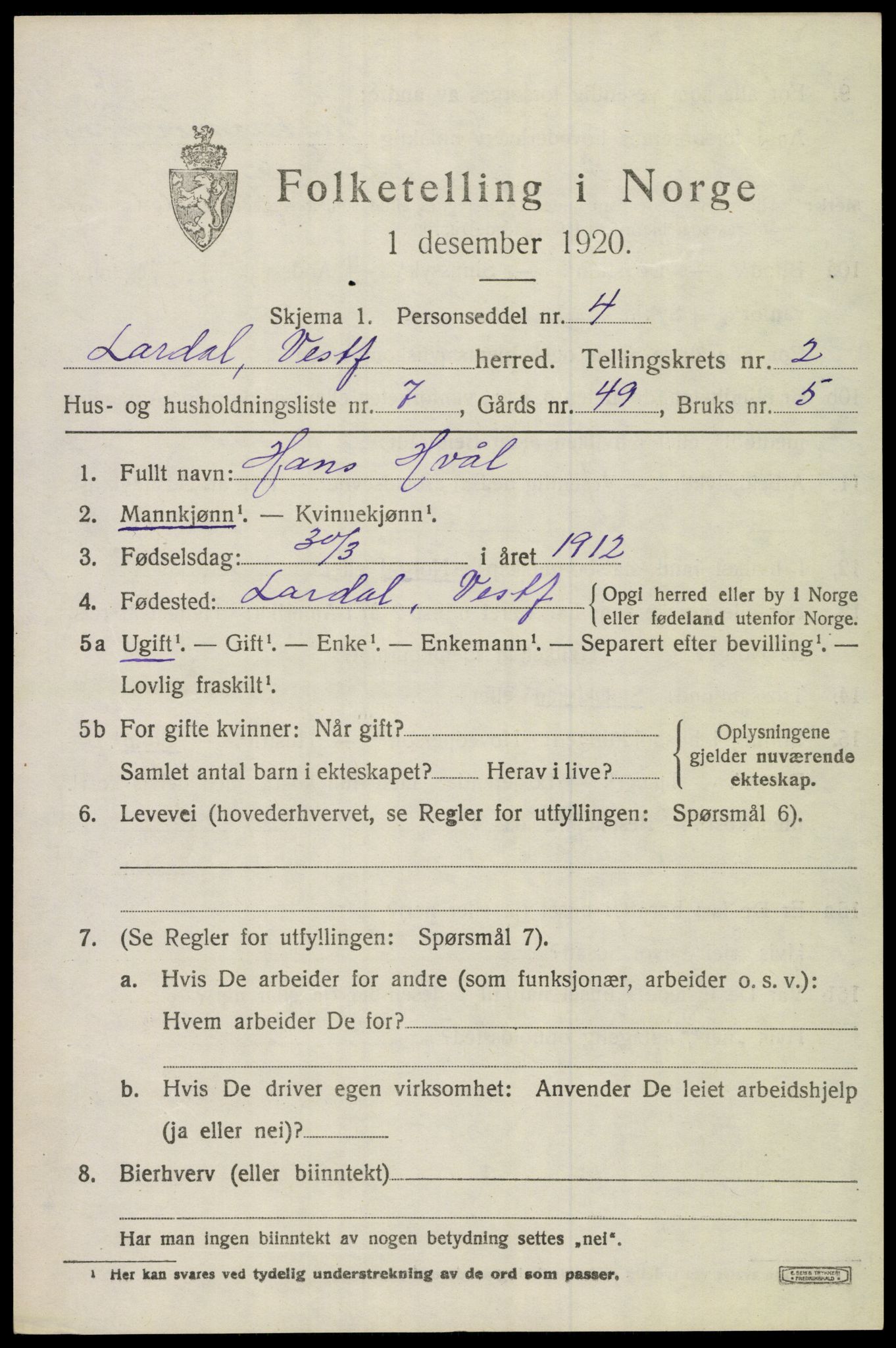 SAKO, 1920 census for Lardal, 1920, p. 2027