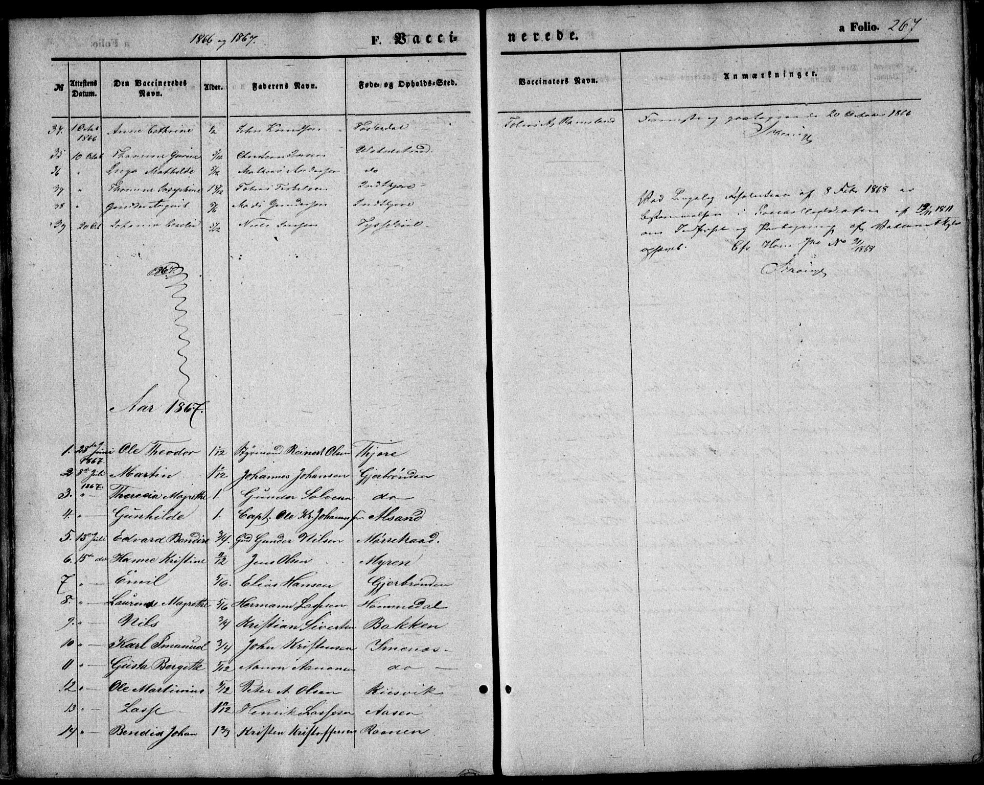 Hommedal sokneprestkontor, AV/SAK-1111-0023/F/Fa/Fab/L0005: Parish register (official) no. A 5, 1861-1877, p. 267