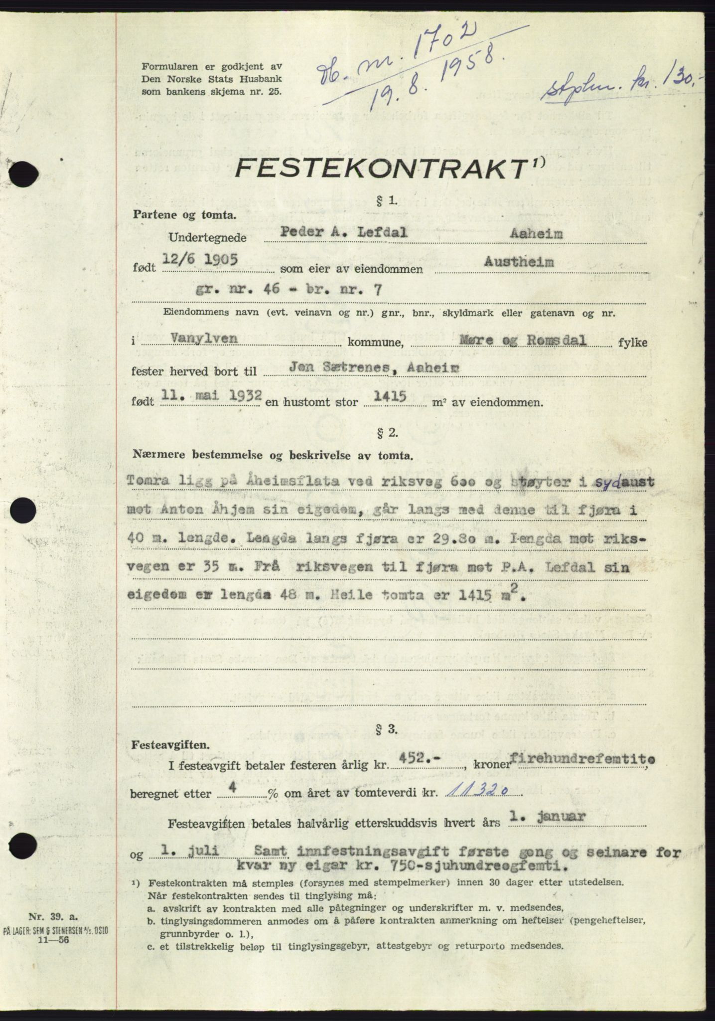 Søre Sunnmøre sorenskriveri, AV/SAT-A-4122/1/2/2C/L0110: Mortgage book no. 36A, 1958-1958, Diary no: : 1702/1958