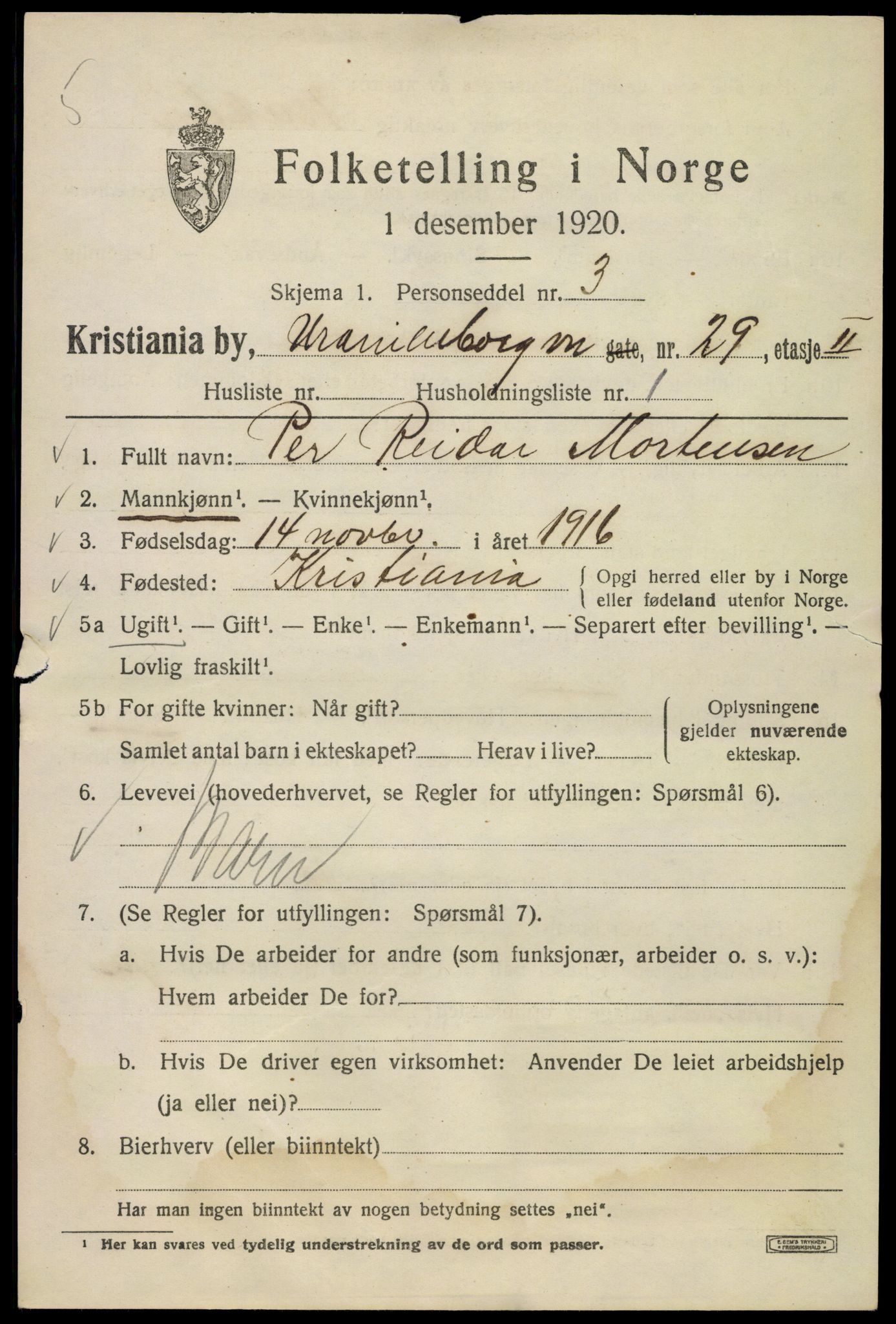 SAO, 1920 census for Kristiania, 1920, p. 620165