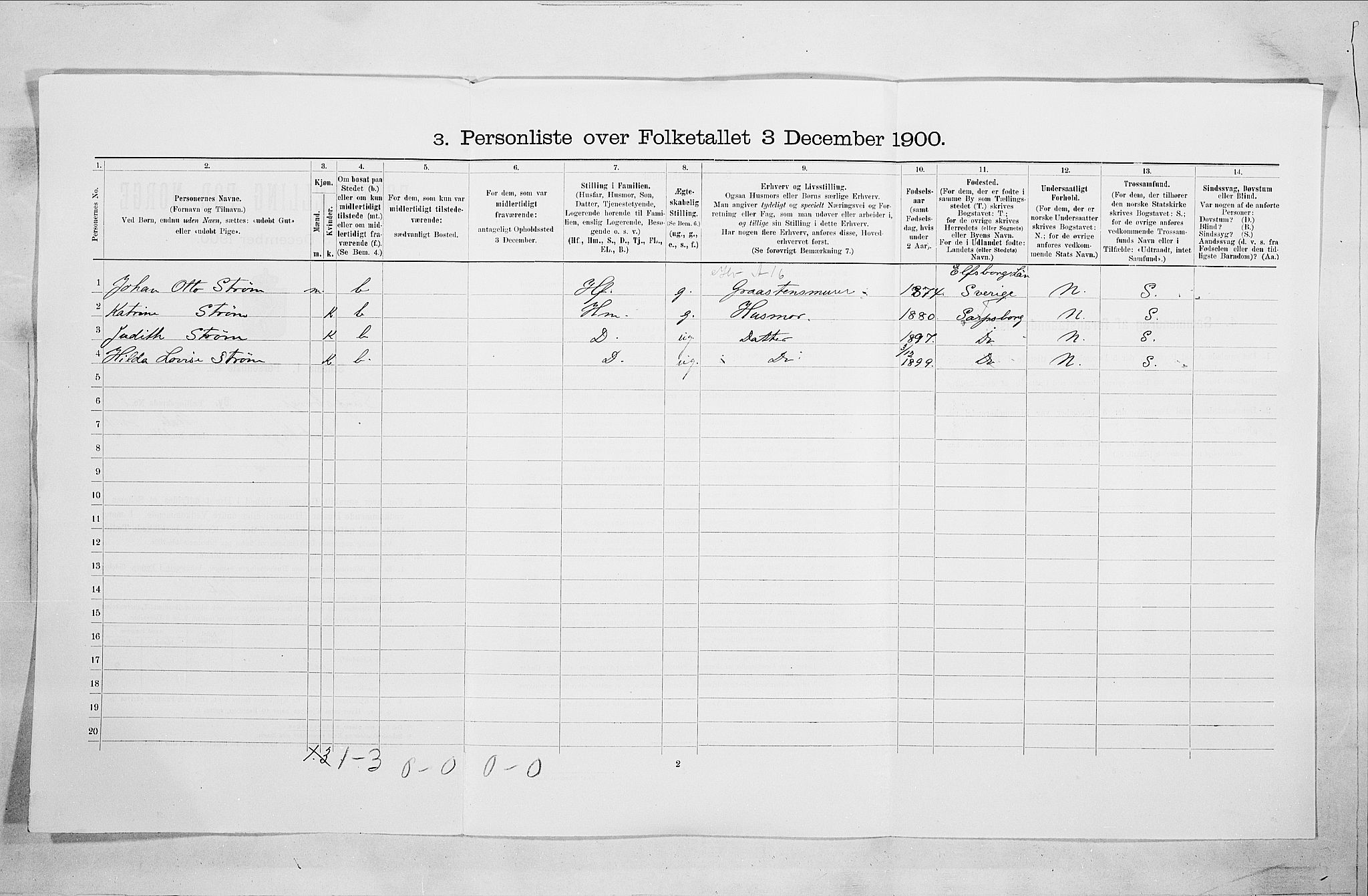 SAO, 1900 census for Sarpsborg, 1900