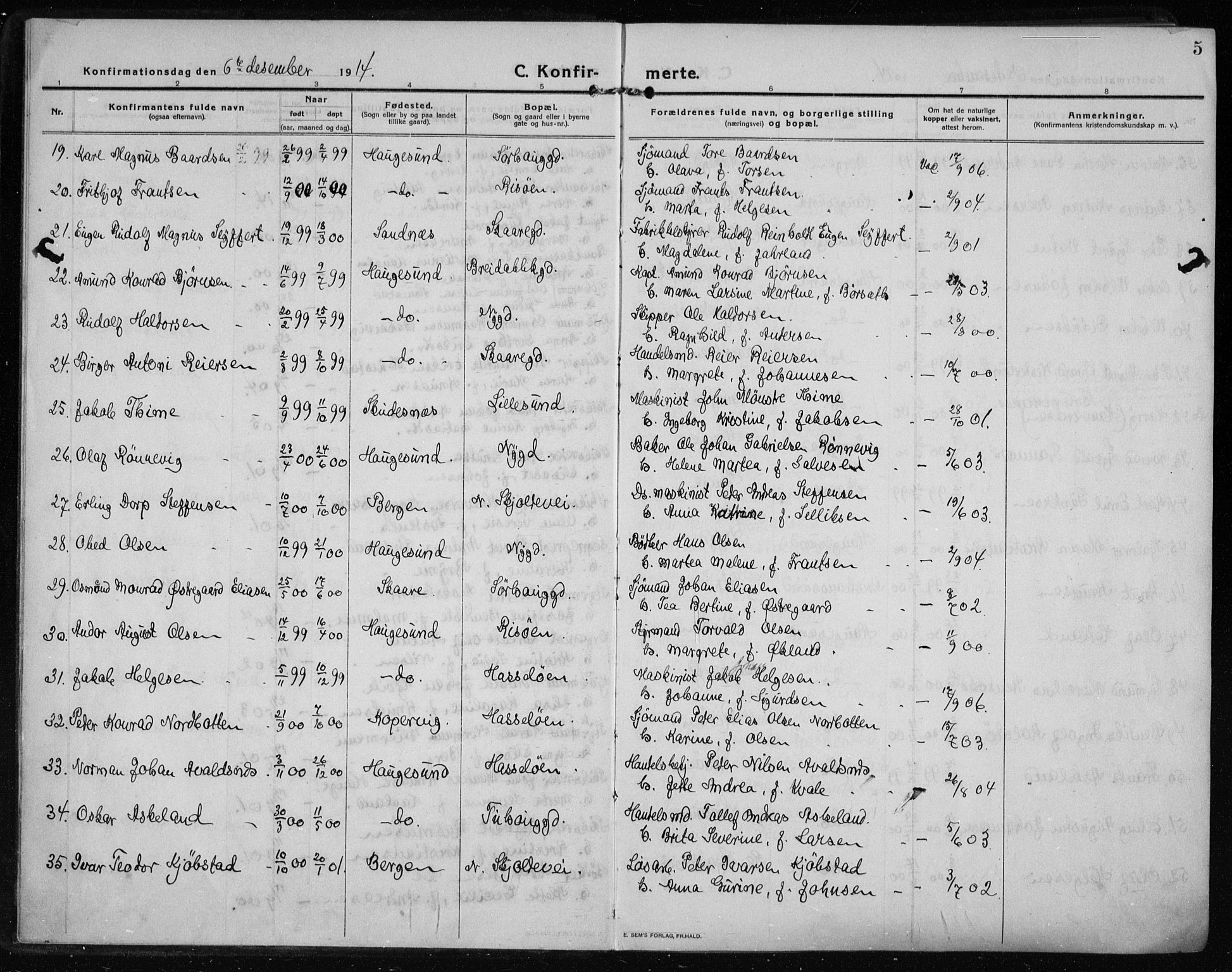 Haugesund sokneprestkontor, AV/SAST-A -101863/H/Ha/Haa/L0009: Parish register (official) no. A 9, 1914-1929, p. 5