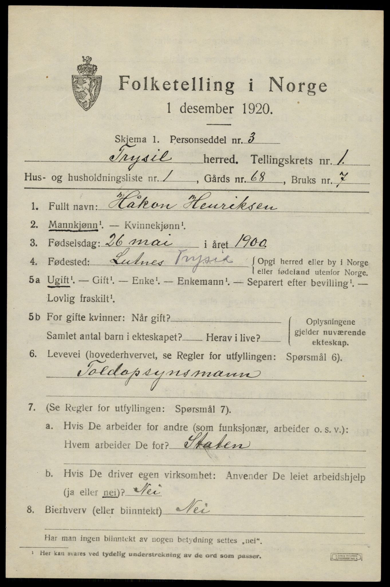 SAH, 1920 census for Trysil, 1920, p. 2541