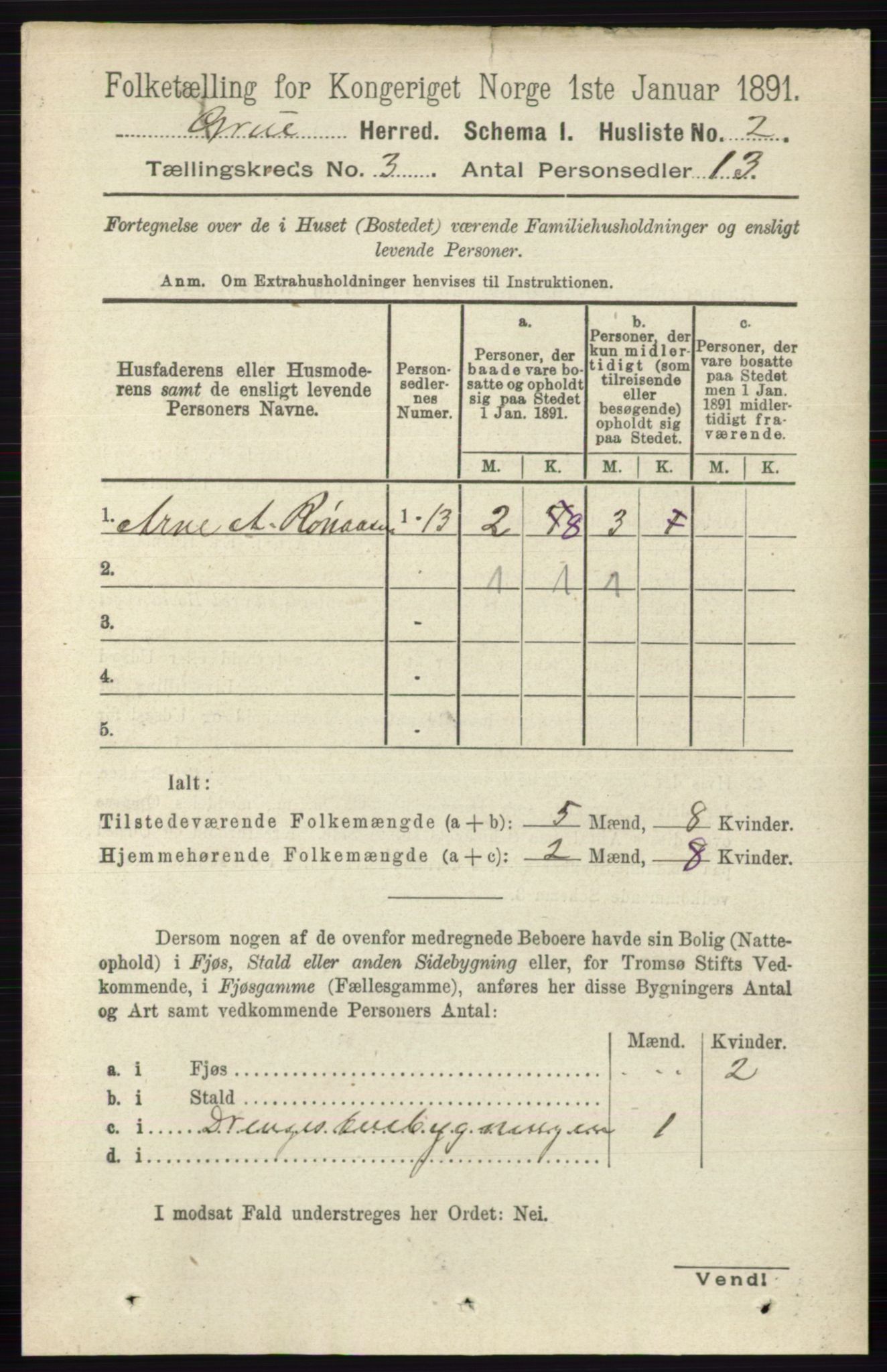 RA, 1891 census for 0423 Grue, 1891, p. 1455