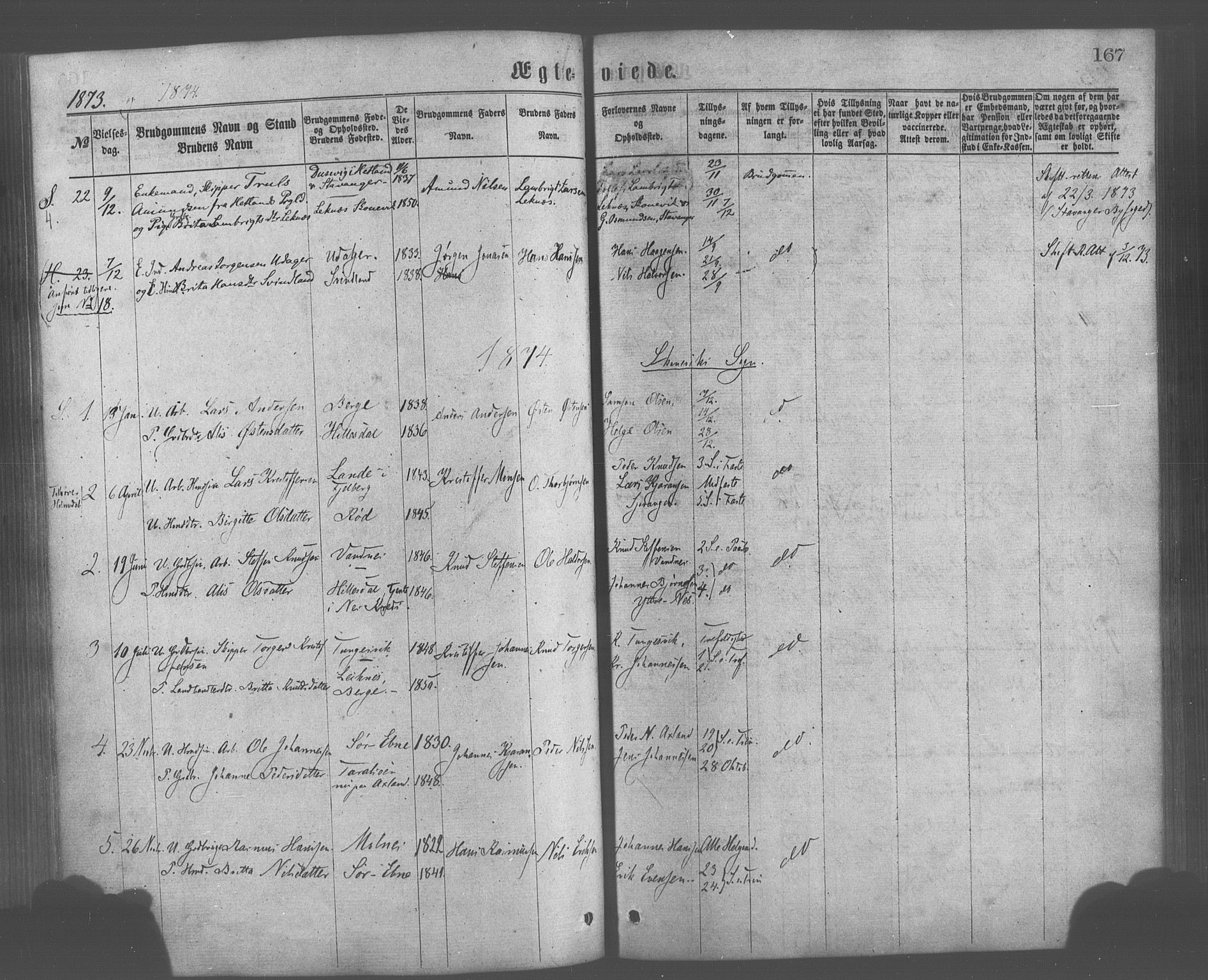 Skånevik sokneprestembete, AV/SAB-A-77801/H/Haa: Parish register (official) no. A 6, 1869-1878, p. 167