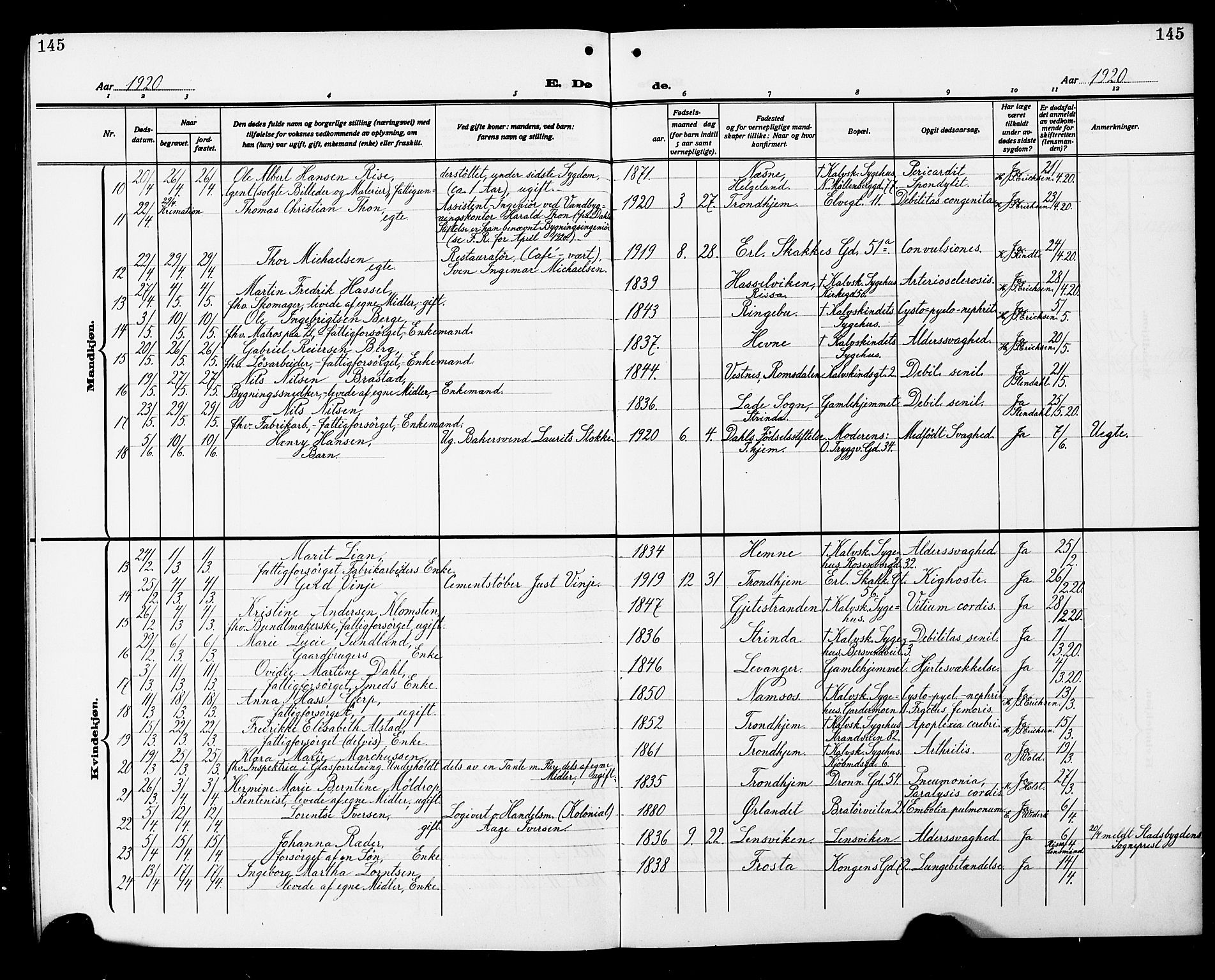 Ministerialprotokoller, klokkerbøker og fødselsregistre - Sør-Trøndelag, SAT/A-1456/602/L0147: Parish register (copy) no. 602C15, 1911-1924, p. 145