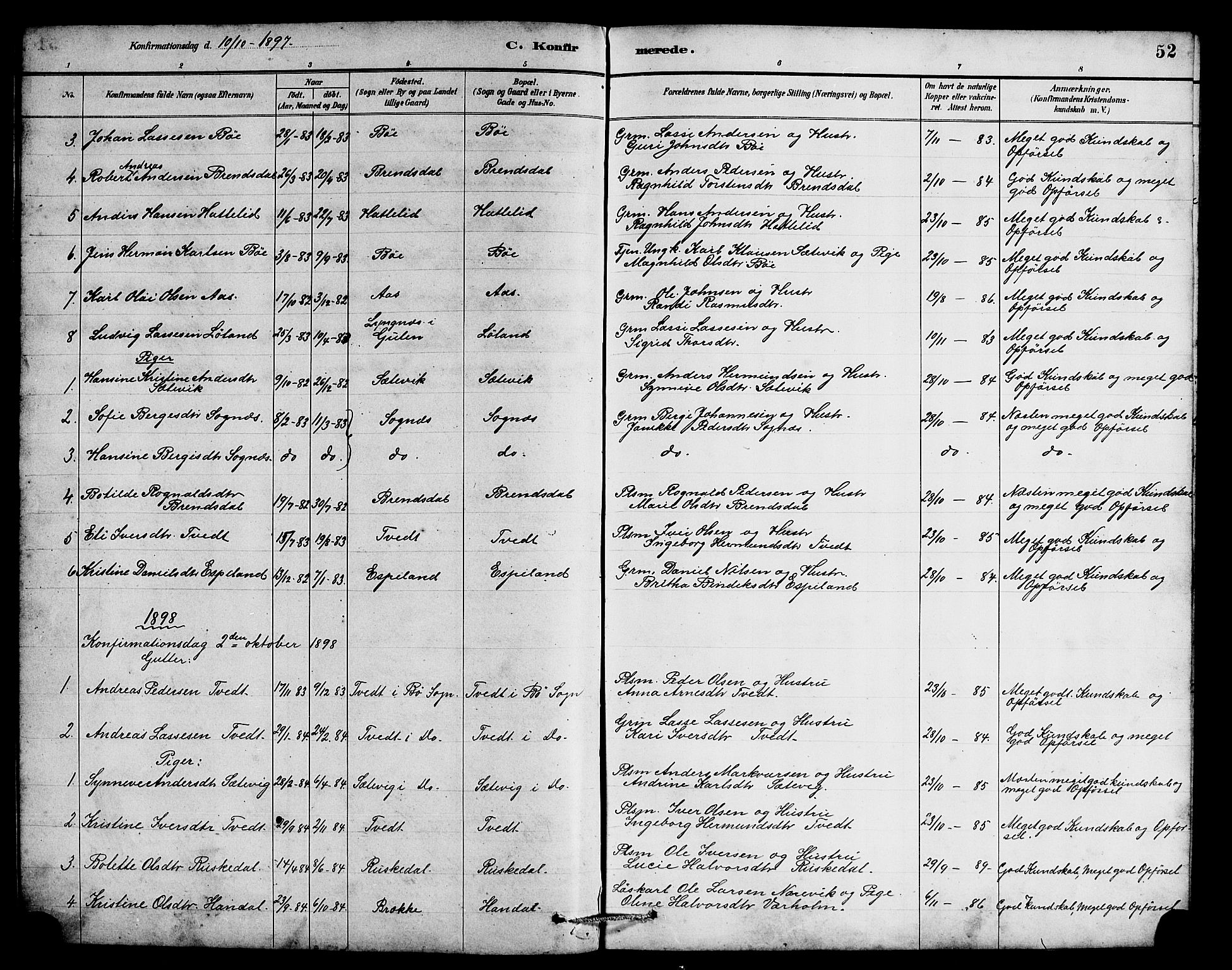Hyllestad sokneprestembete, SAB/A-80401: Parish register (copy) no. B 2, 1889-1915, p. 52