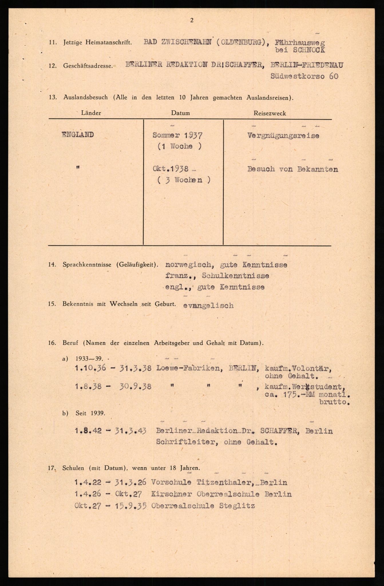 Forsvaret, Forsvarets overkommando II, RA/RAFA-3915/D/Db/L0029: CI Questionaires. Tyske okkupasjonsstyrker i Norge. Tyskere., 1945-1946, p. 26
