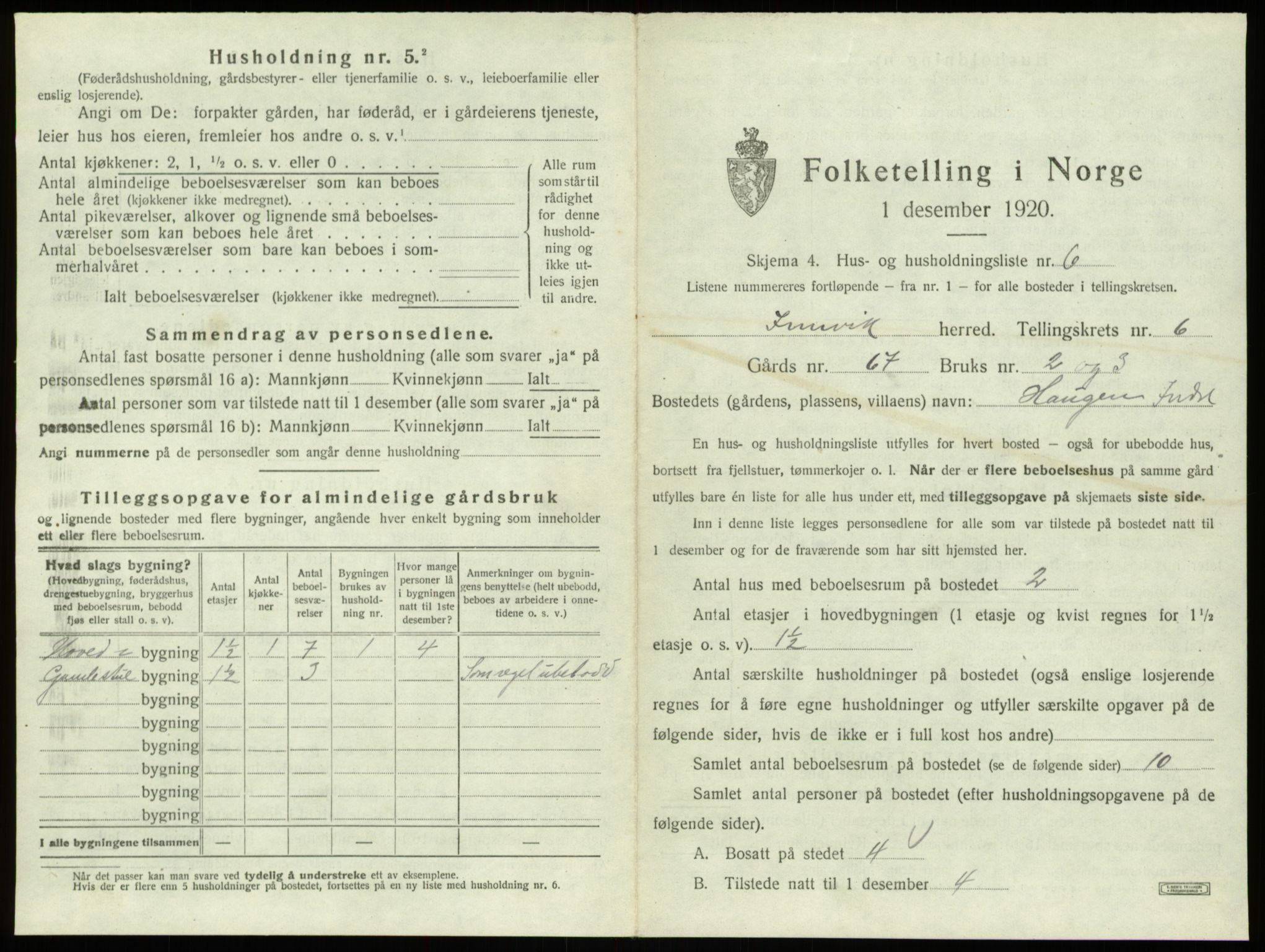 SAB, 1920 census for Innvik, 1920, p. 378