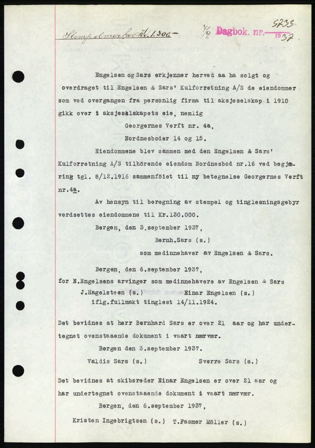 Byfogd og Byskriver i Bergen, AV/SAB-A-3401/03/03Bc/L0005: Mortgage book no. A4, 1937-1937, Diary no: : 5733/1937