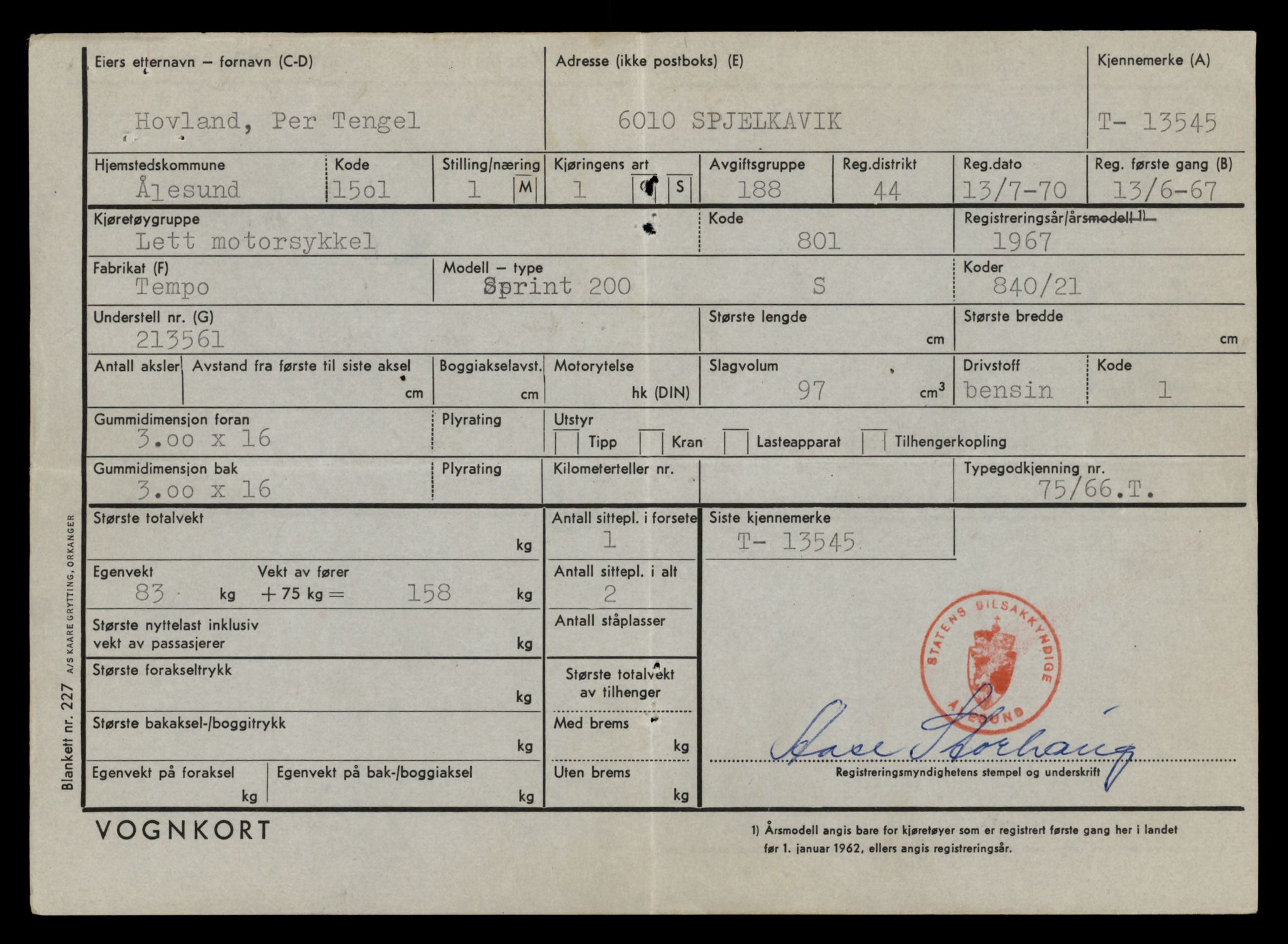 Møre og Romsdal vegkontor - Ålesund trafikkstasjon, AV/SAT-A-4099/F/Fe/L0040: Registreringskort for kjøretøy T 13531 - T 13709, 1927-1998, p. 322