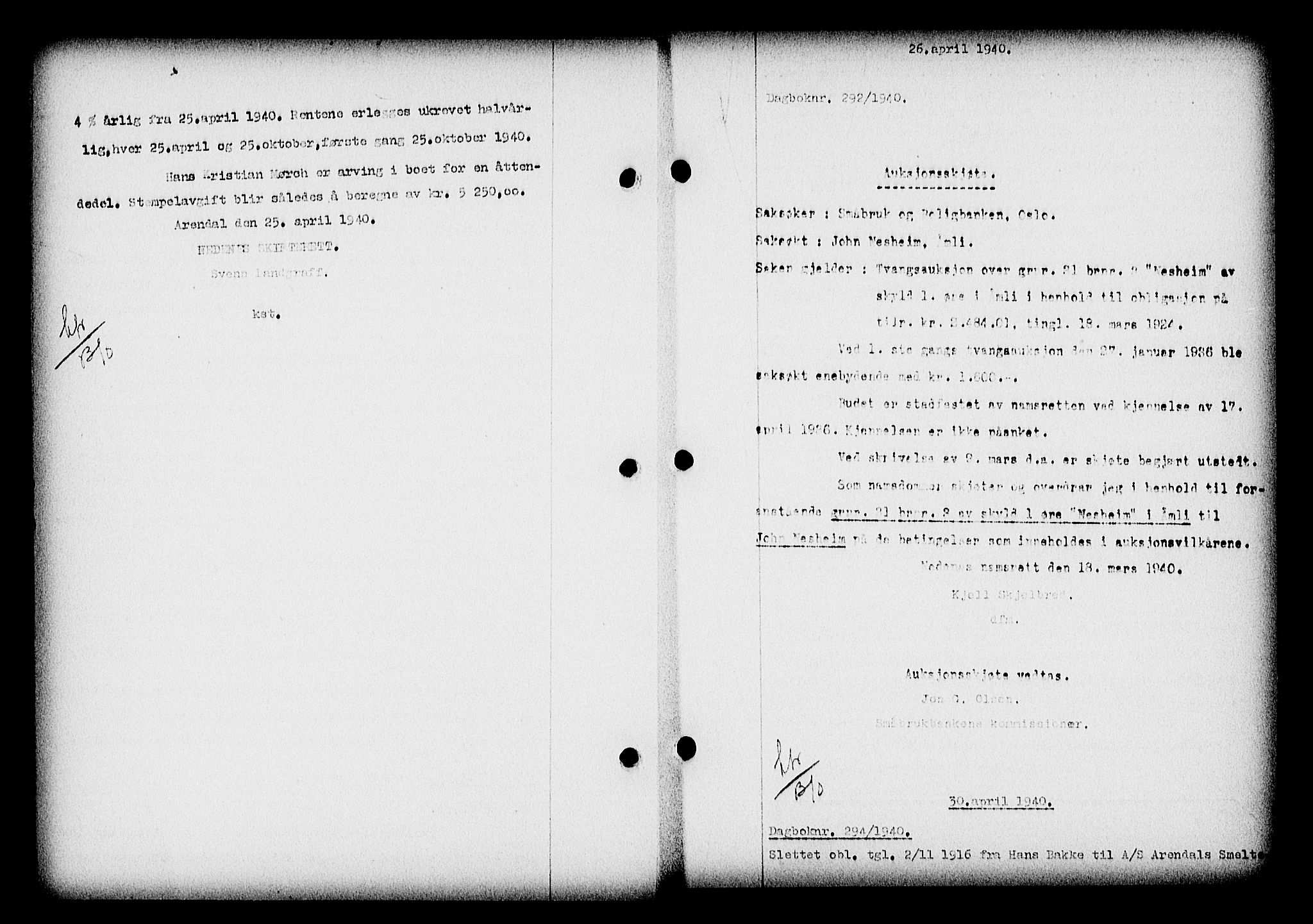 Nedenes sorenskriveri, SAK/1221-0006/G/Gb/Gba/L0047: Mortgage book no. A-I, 1939-1940, Diary no: : 292/1940