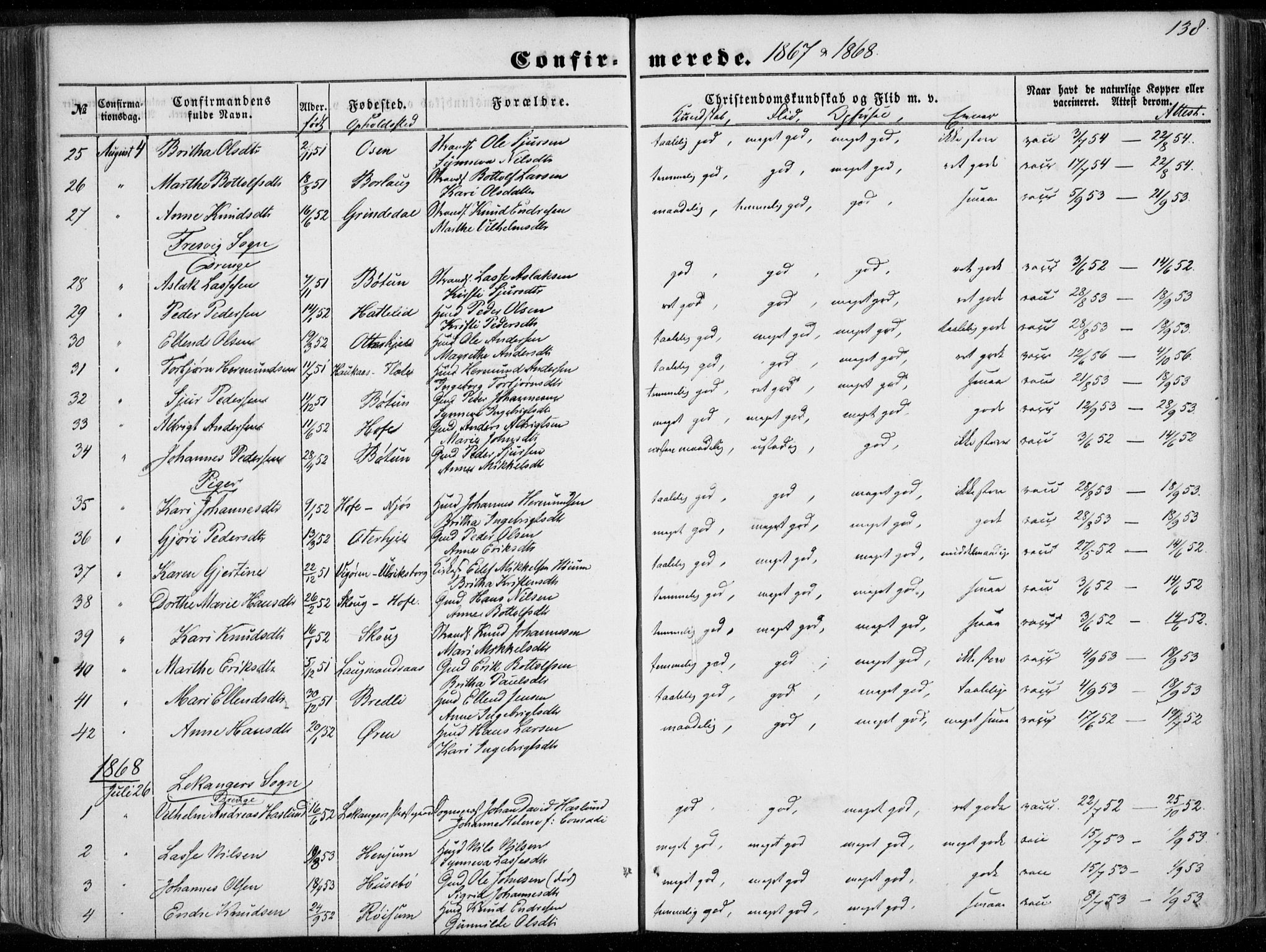 Leikanger sokneprestembete, SAB/A-81001: Parish register (official) no. A 8, 1852-1868, p. 138