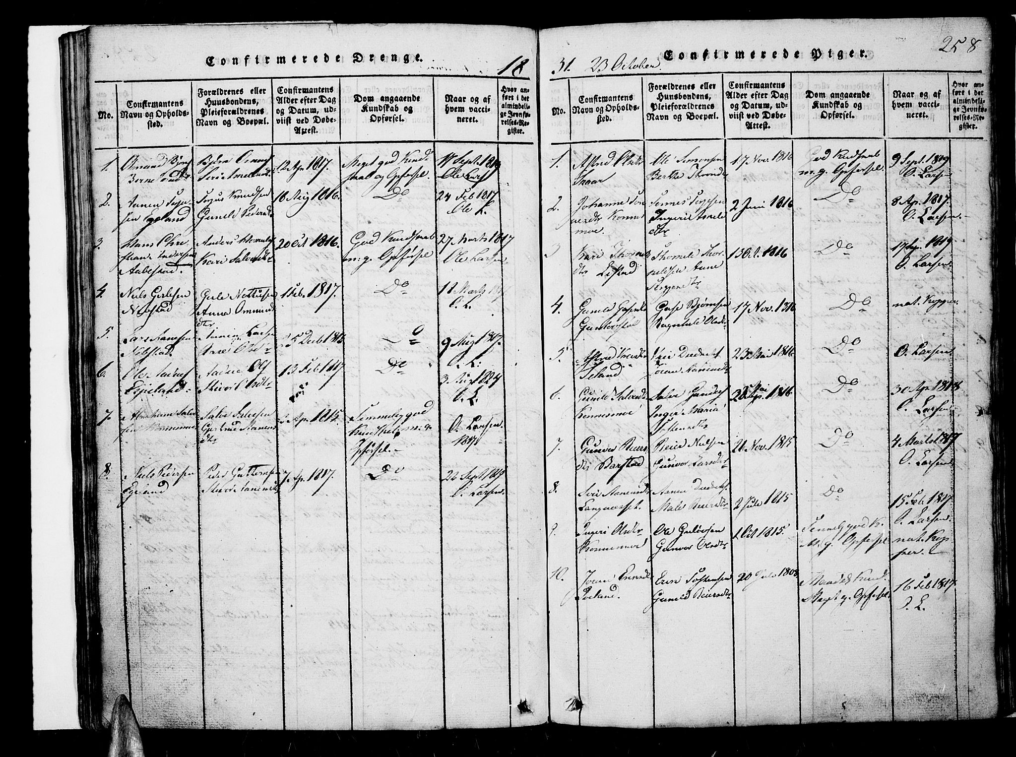 Nord-Audnedal sokneprestkontor, AV/SAK-1111-0032/F/Fb/Fba/L0001: Parish register (copy) no. B 1, 1815-1856, p. 258