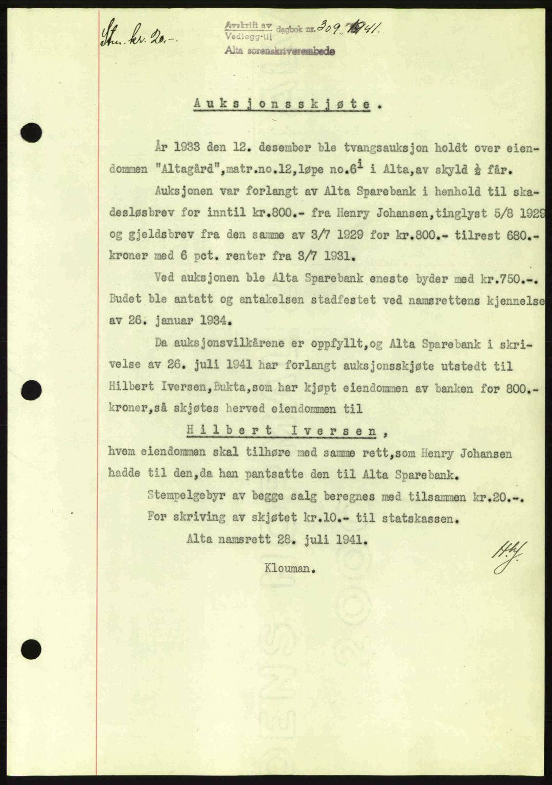 Alta fogderi/sorenskriveri, SATØ/SATØ-5/1/K/Kd/L0033pantebok: Mortgage book no. 33, 1940-1943, Diary no: : 309/1941