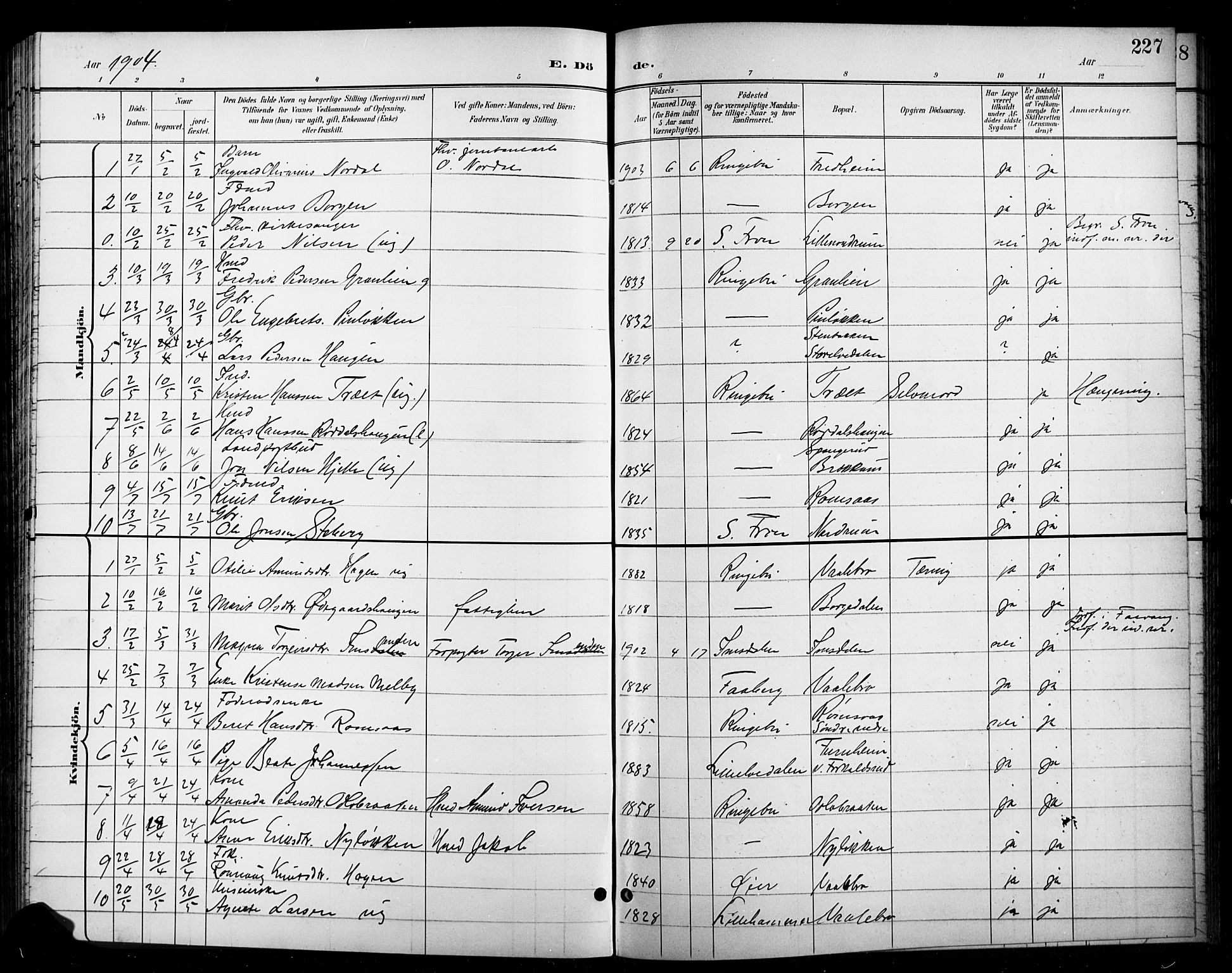 Ringebu prestekontor, SAH/PREST-082/H/Ha/Hab/L0009: Parish register (copy) no. 9, 1899-1921, p. 227
