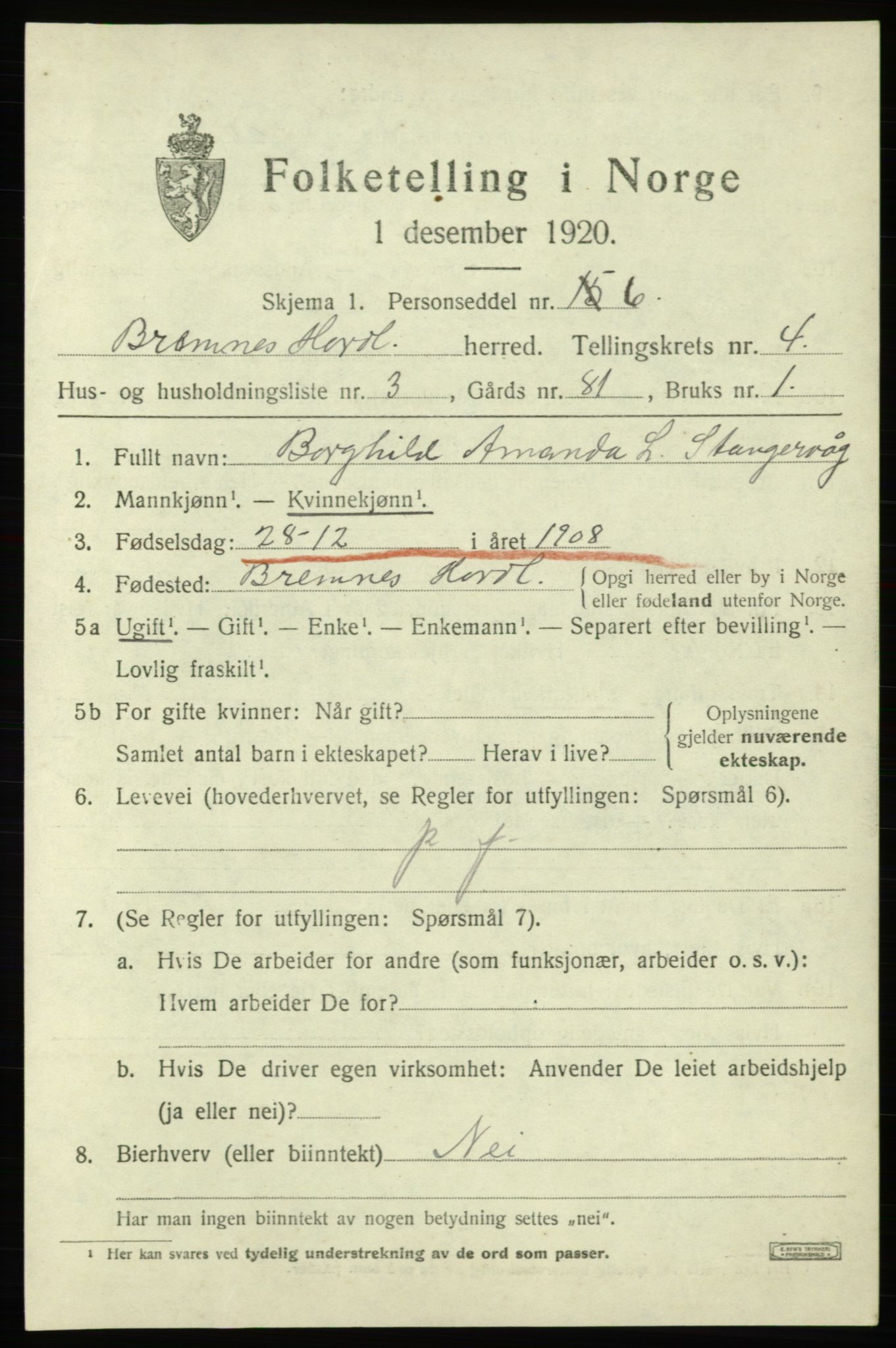 SAB, 1920 census for Bremnes, 1920, p. 1834
