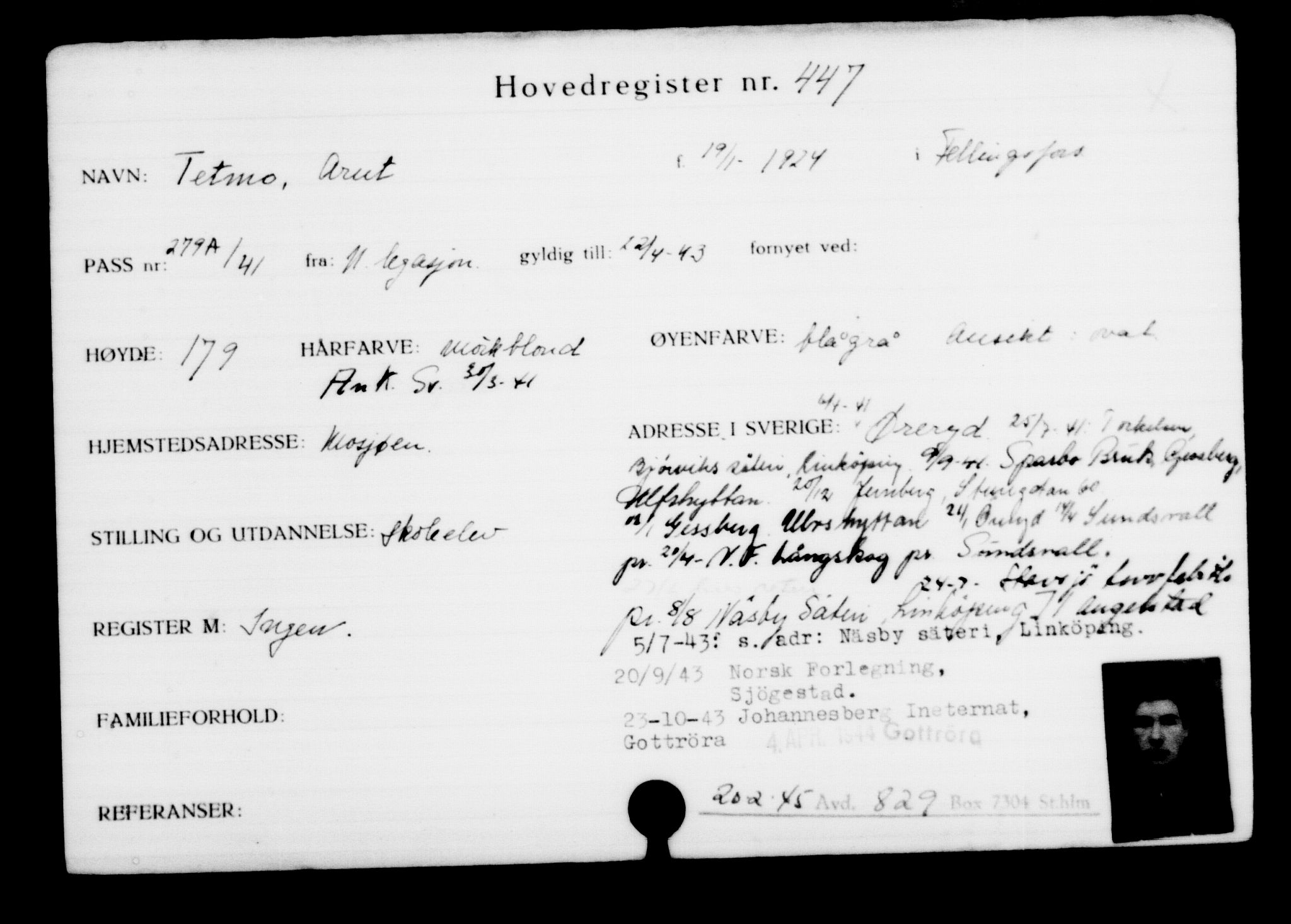 Utenriksstasjonene, Legasjonen i Stockholm, Flyktningkontoret, AV/RA-S-6753/V/Va/L0001: Kjesäterkartoteket, flyktninger med registreringsnr. 1-1000, 1940-1945, p. 694
