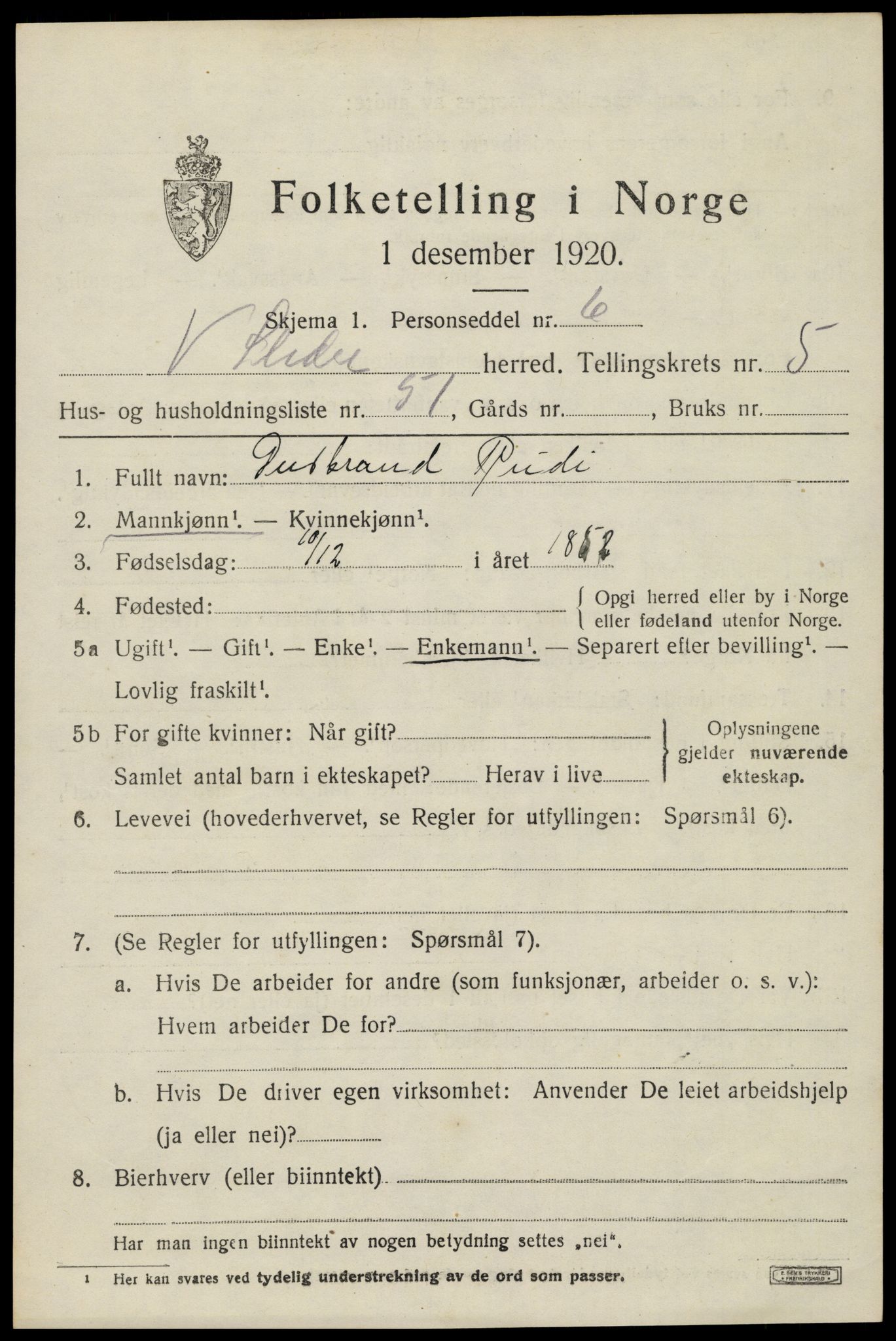 SAH, 1920 census for Vestre Slidre, 1920, p. 3252