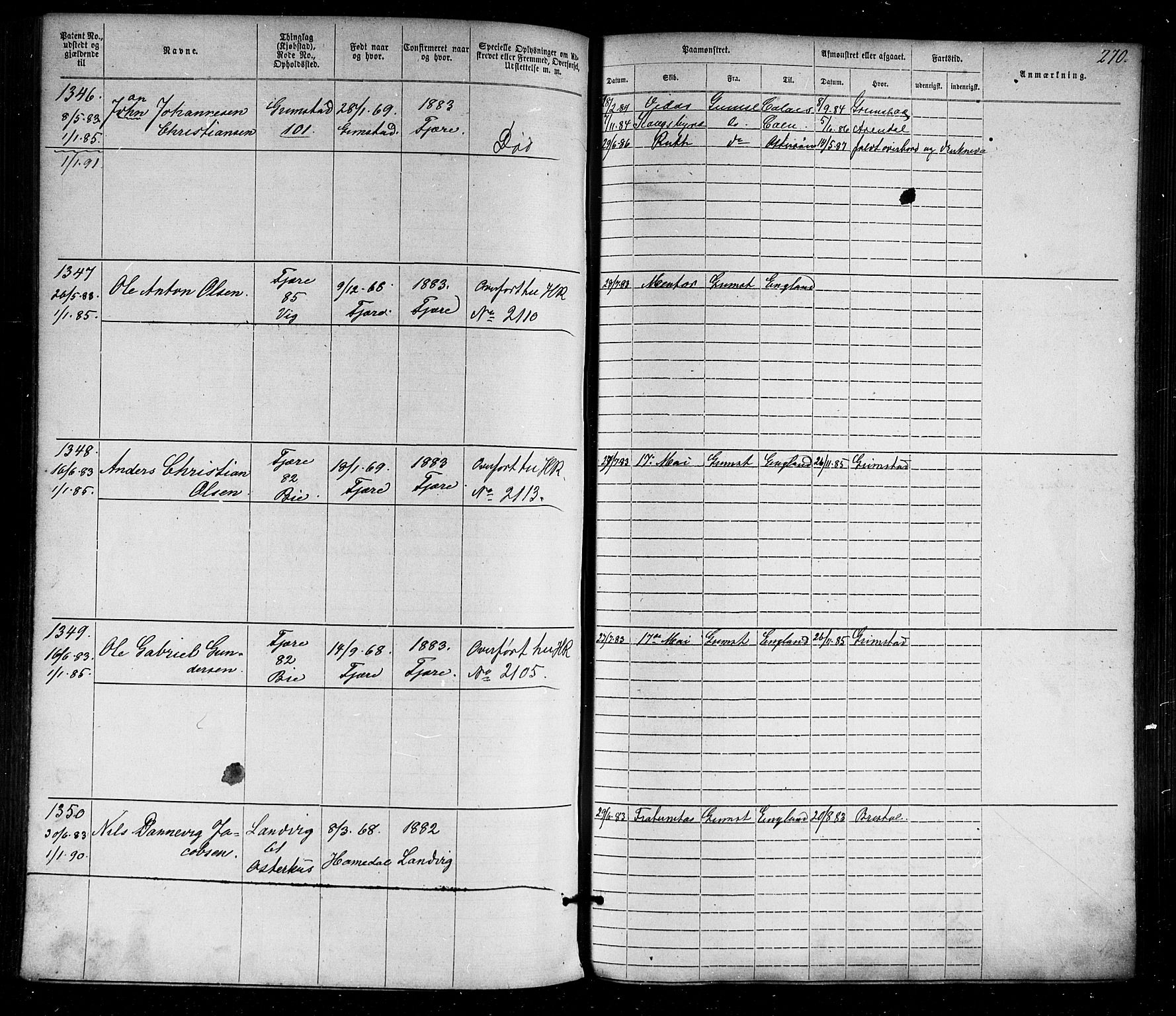 Grimstad mønstringskrets, AV/SAK-2031-0013/F/Fa/L0005: Annotasjonsrulle nr 1-1910 med register, V-18, 1870-1892, p. 308