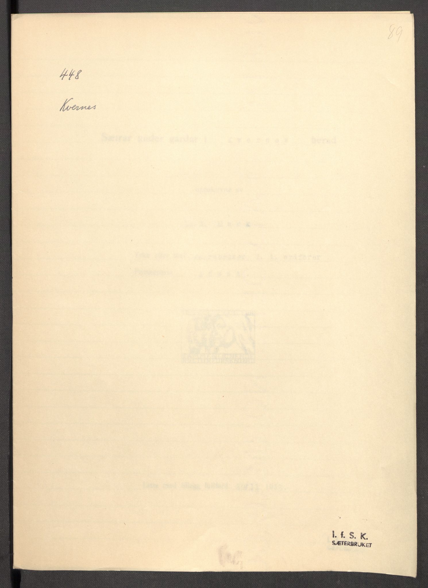 Instituttet for sammenlignende kulturforskning, RA/PA-0424/F/Fc/L0013/0001: Eske B13: / Møre og Romsdal (perm XXXV), 1933-1938, p. 89