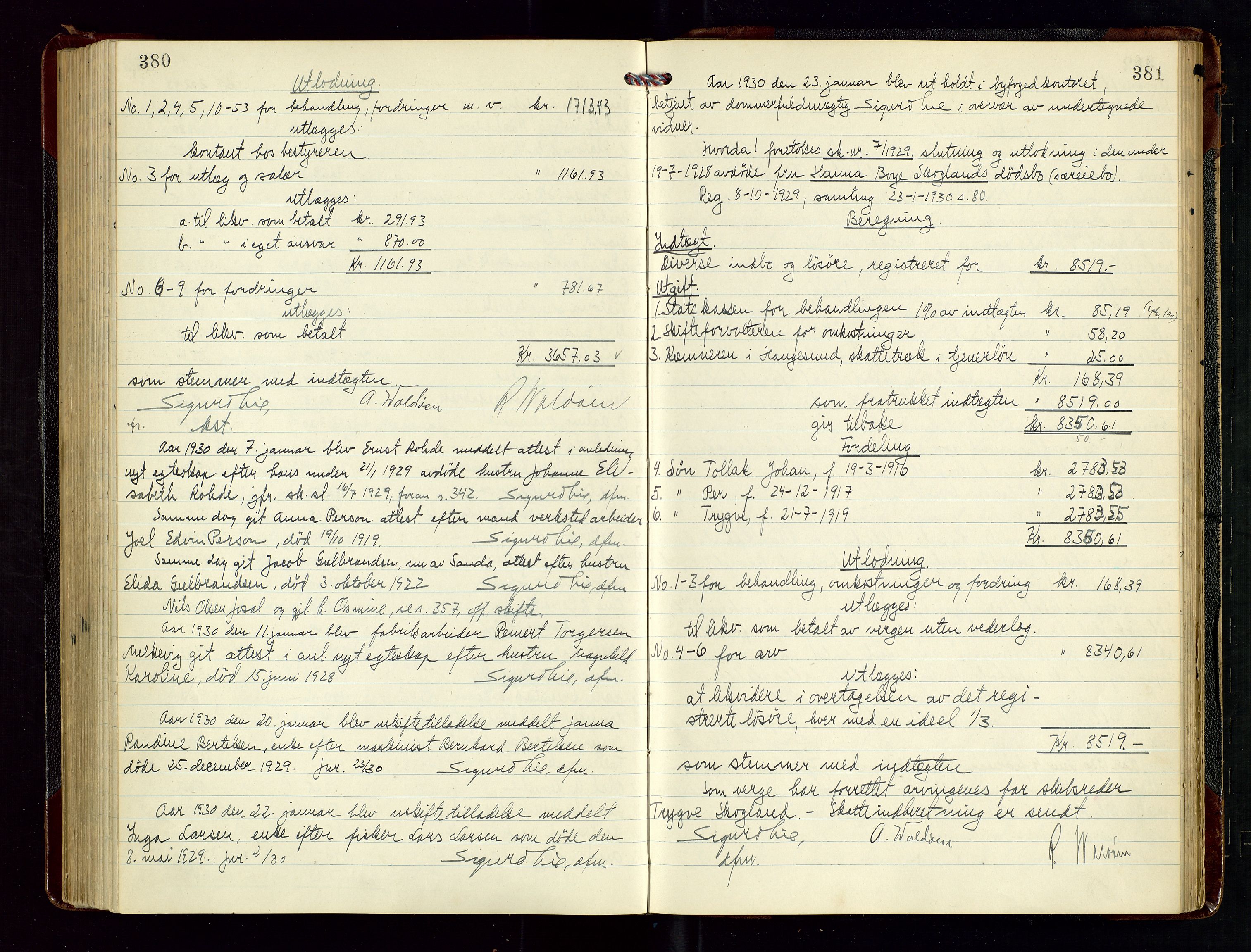 Haugesund tingrett, AV/SAST-A-101415/01/IV/IVD/L0004: Skifteutlodningsprotokoll, med register, 1924-1931, p. 380-381