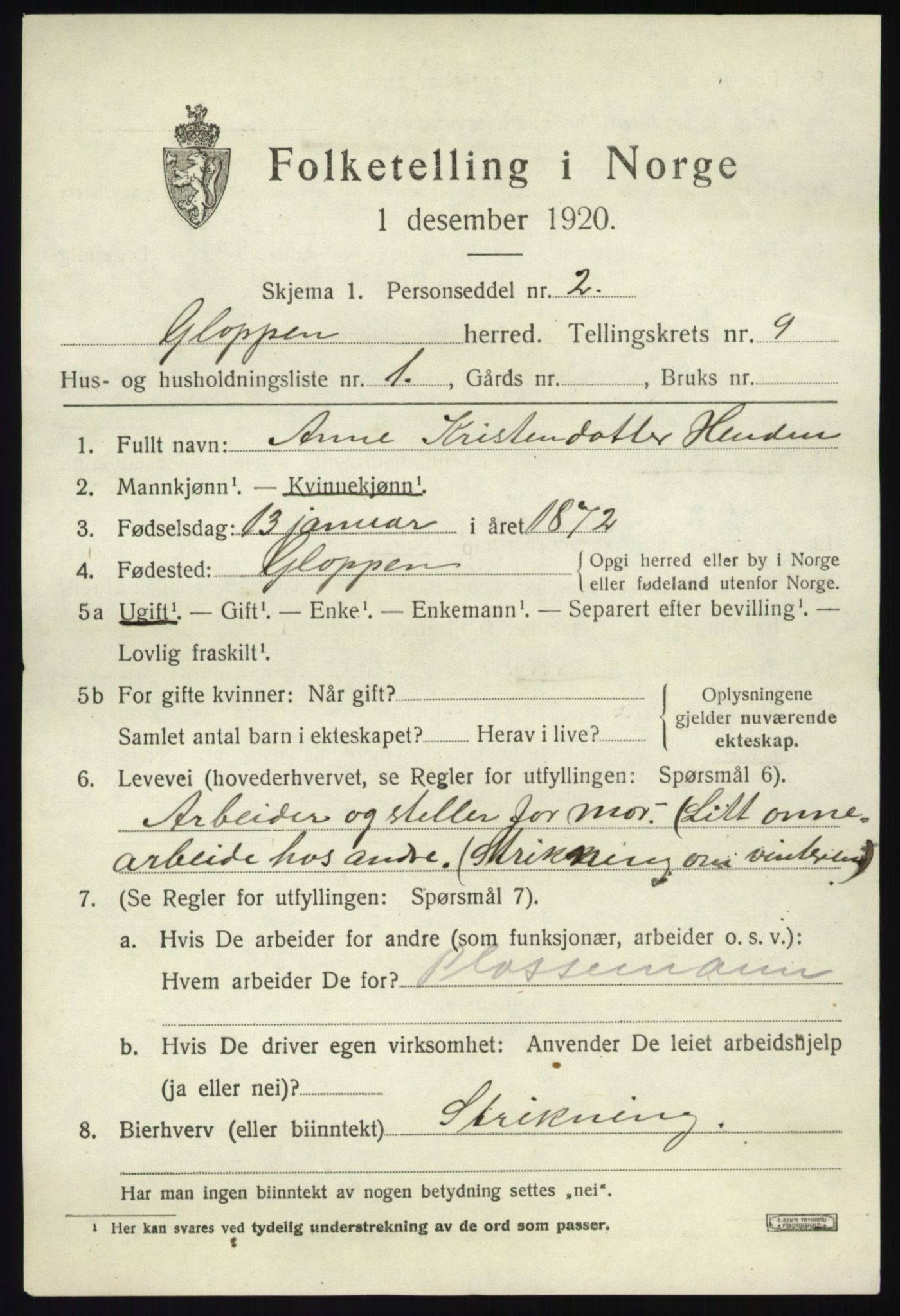 SAB, 1920 census for Gloppen, 1920, p. 4856