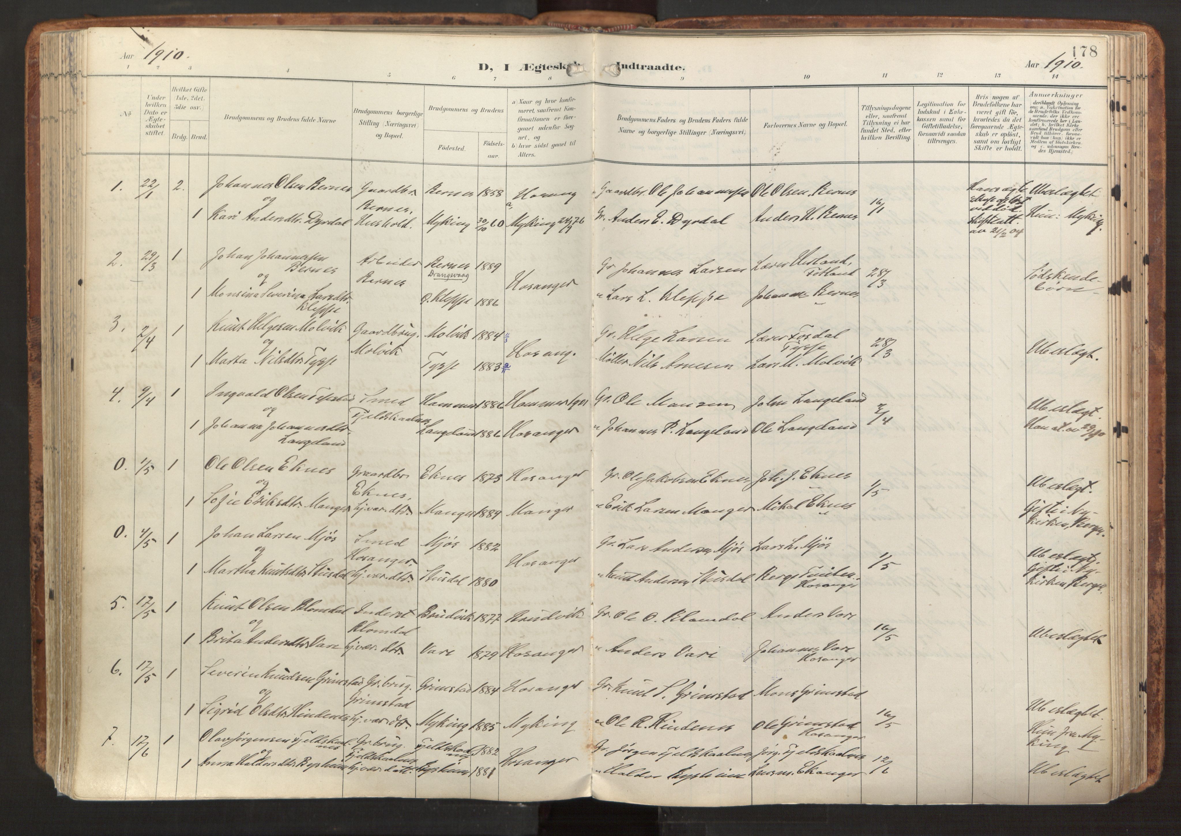 Hosanger sokneprestembete, AV/SAB-A-75801/H/Haa: Parish register (official) no. B 2, 1897-1923, p. 178