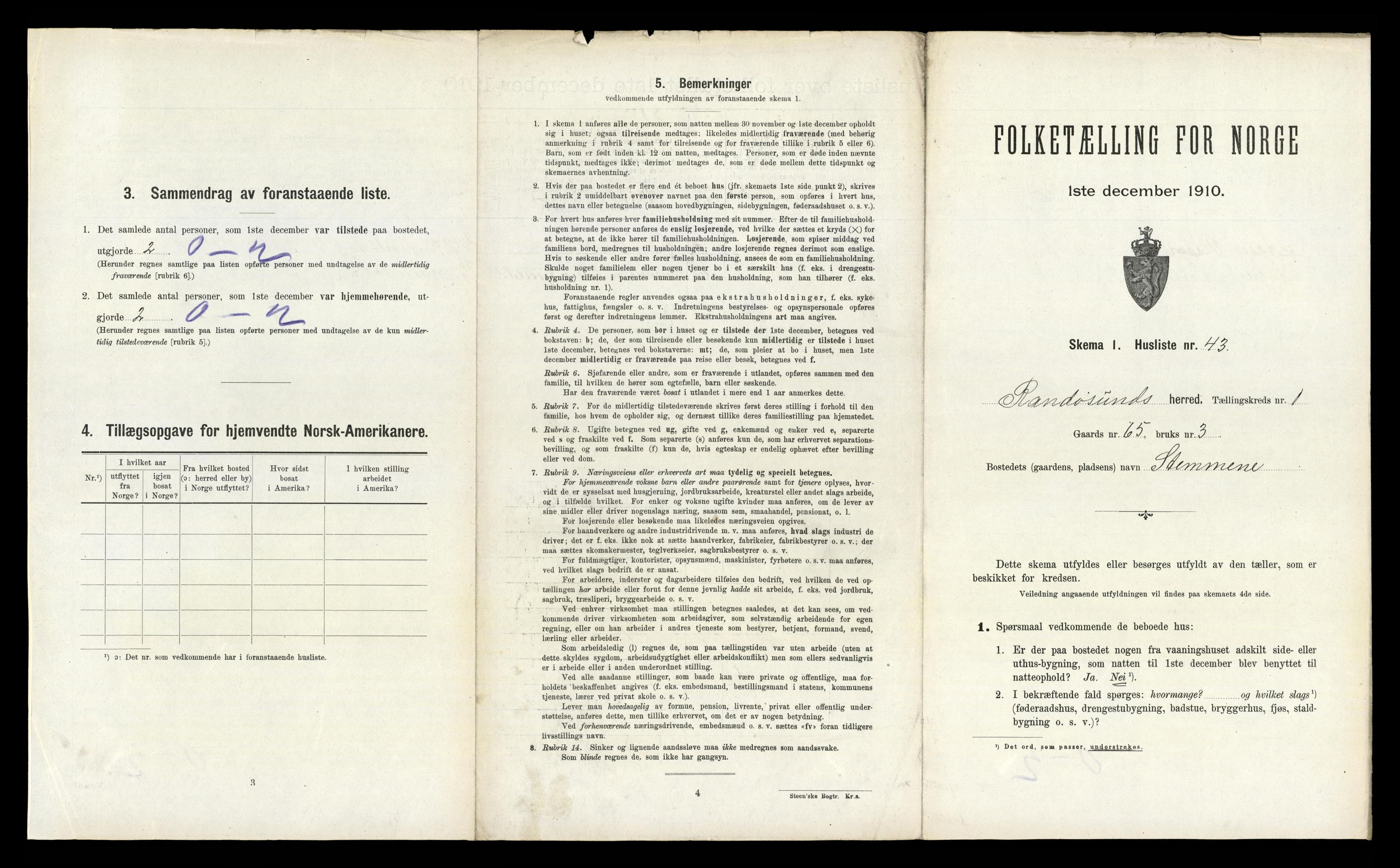 RA, 1910 census for Randesund, 1910, p. 110