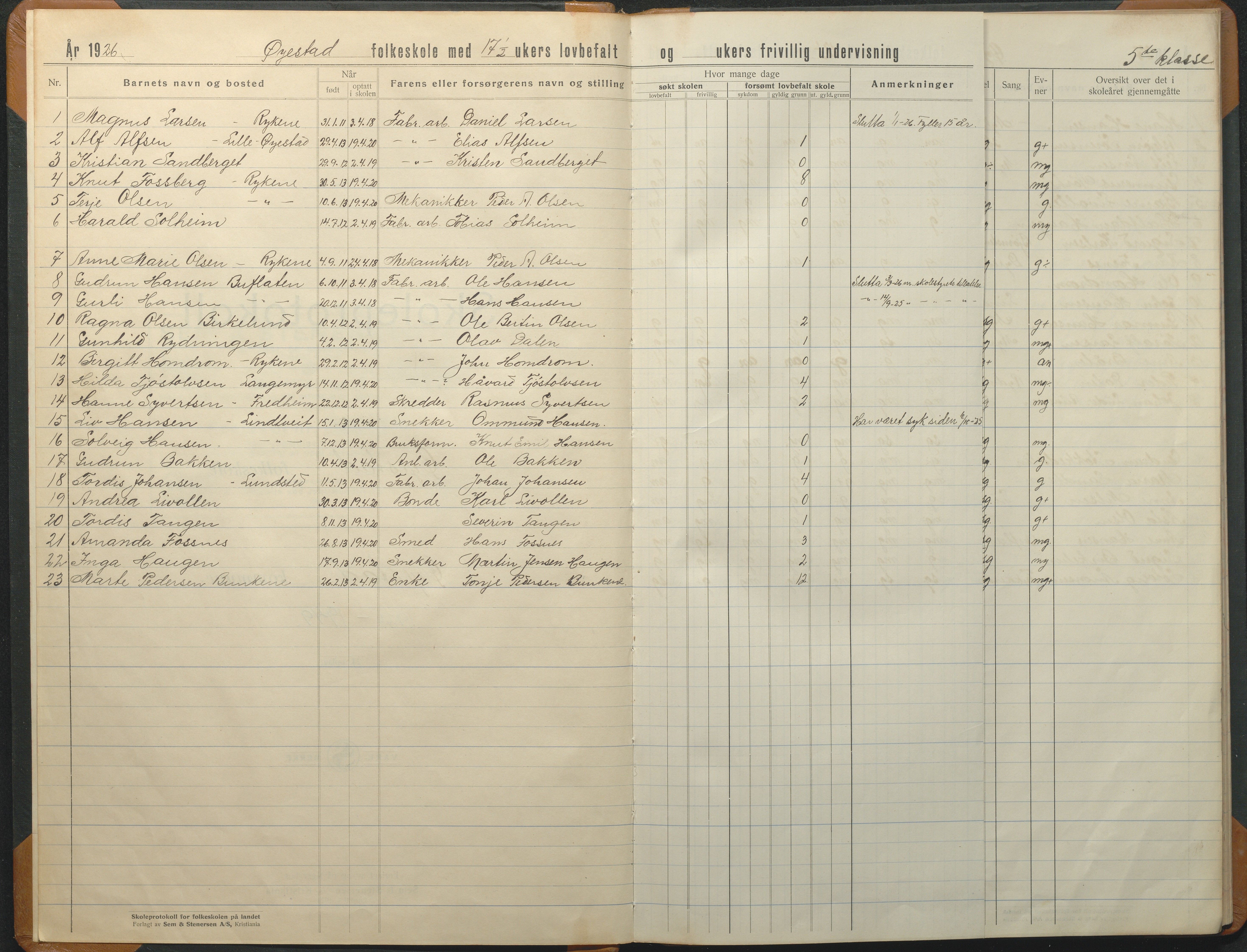 Øyestad kommune frem til 1979, AAKS/KA0920-PK/06/06F/L0015: Skoleprotokoll, 1926-1949