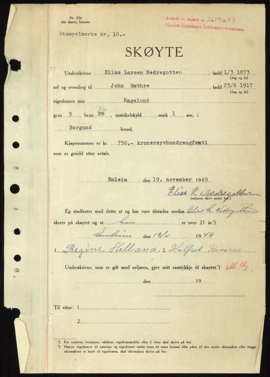 Nordre Sunnmøre sorenskriveri, AV/SAT-A-0006/1/2/2C/2Ca: Mortgage book no. A33, 1949-1950, Diary no: : 2650/1949