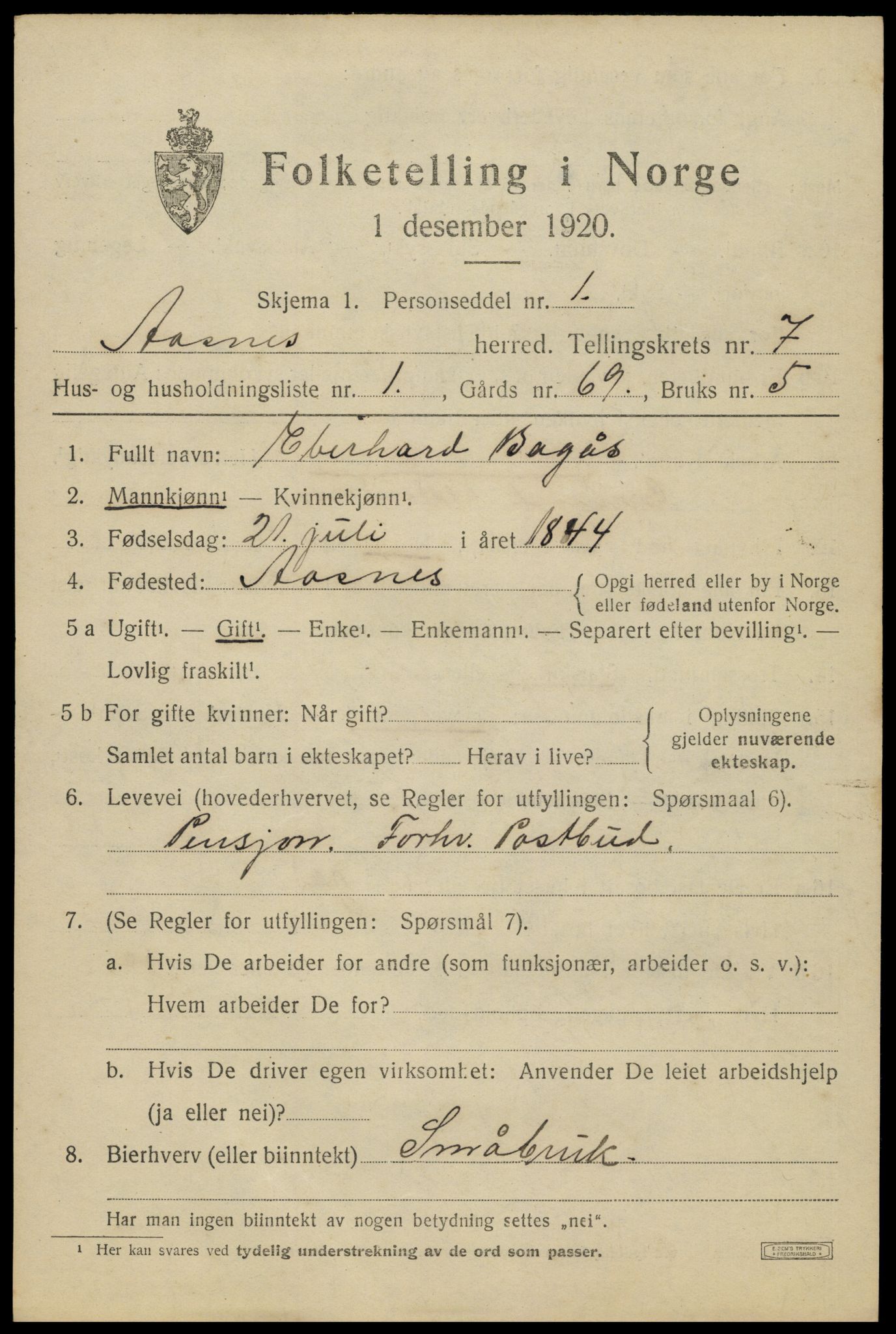 SAH, 1920 census for Åsnes, 1920, p. 8536