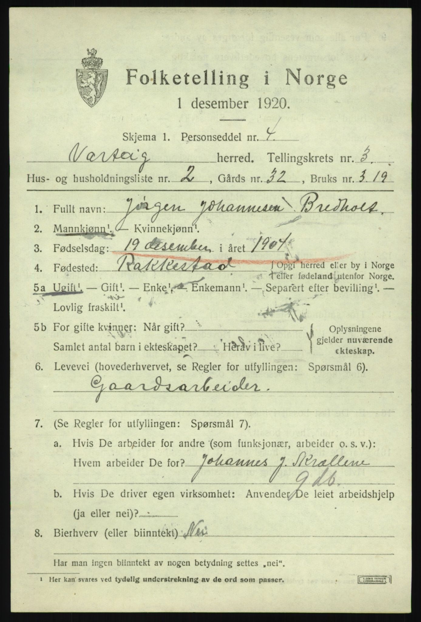 SAO, 1920 census for Varteig, 1920, p. 1955