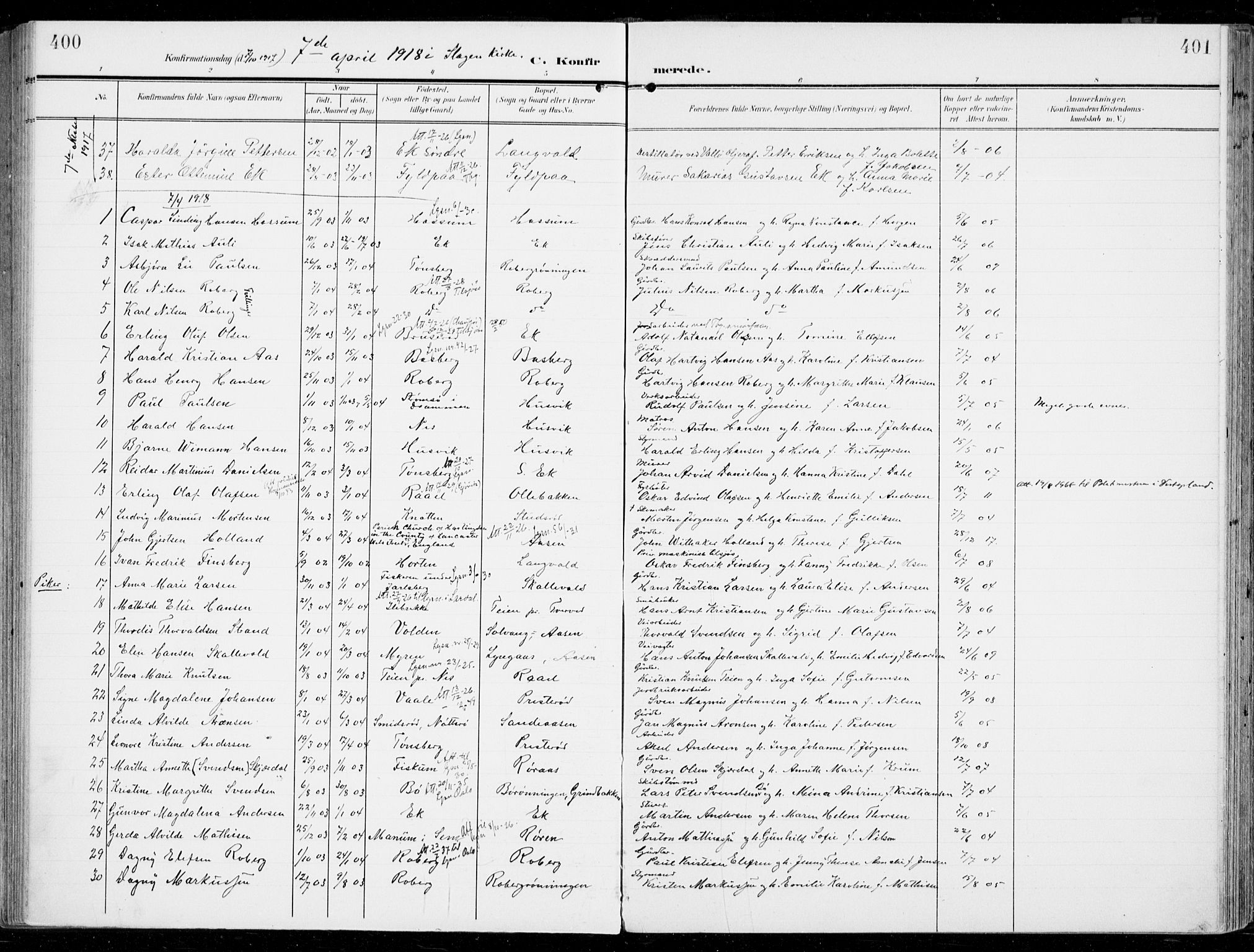 Sem kirkebøker, SAKO/A-5/F/Fb/L0006: Parish register (official) no. II 6, 1905-1918, p. 400-401