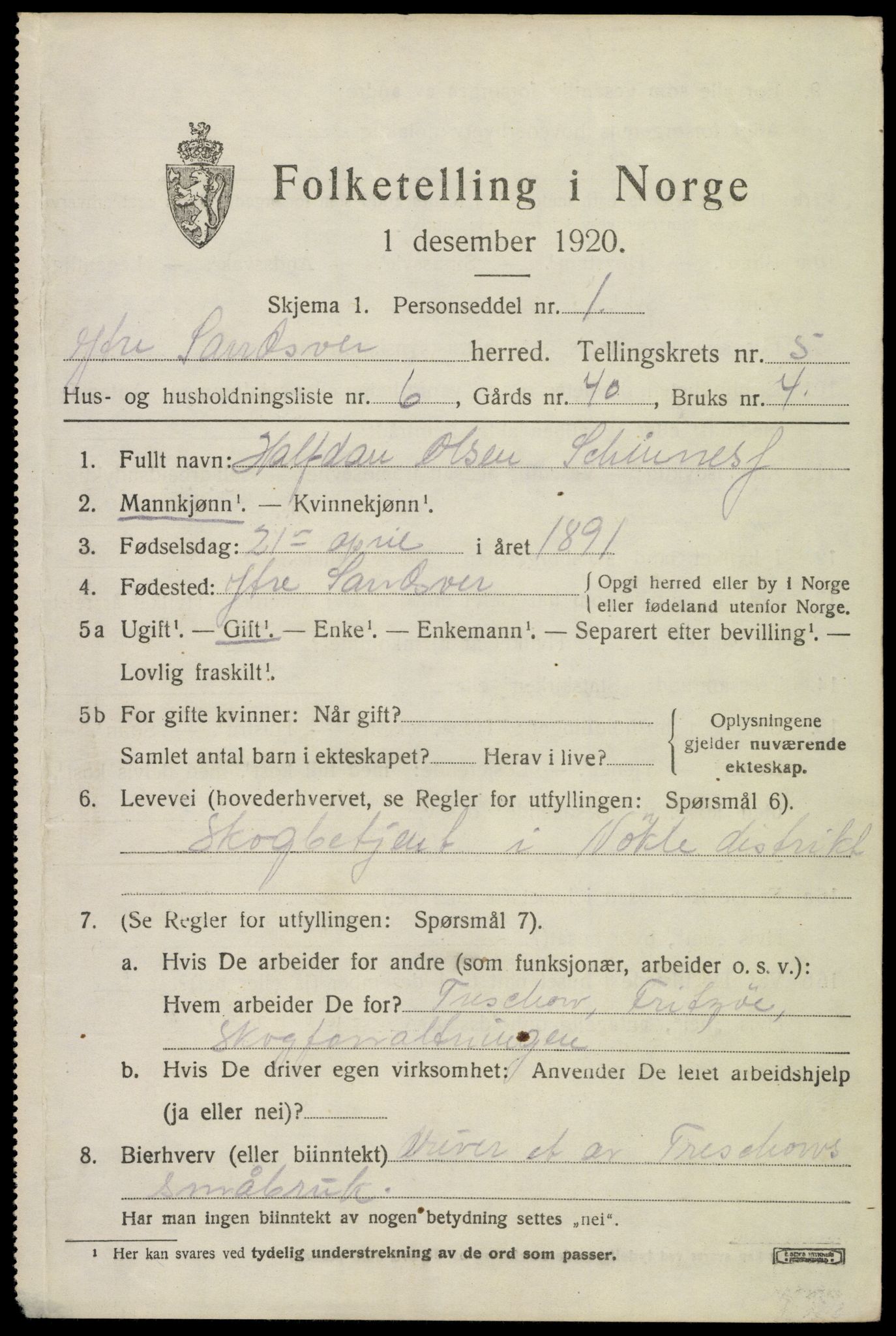 SAKO, 1920 census for Ytre Sandsvær, 1920, p. 4592