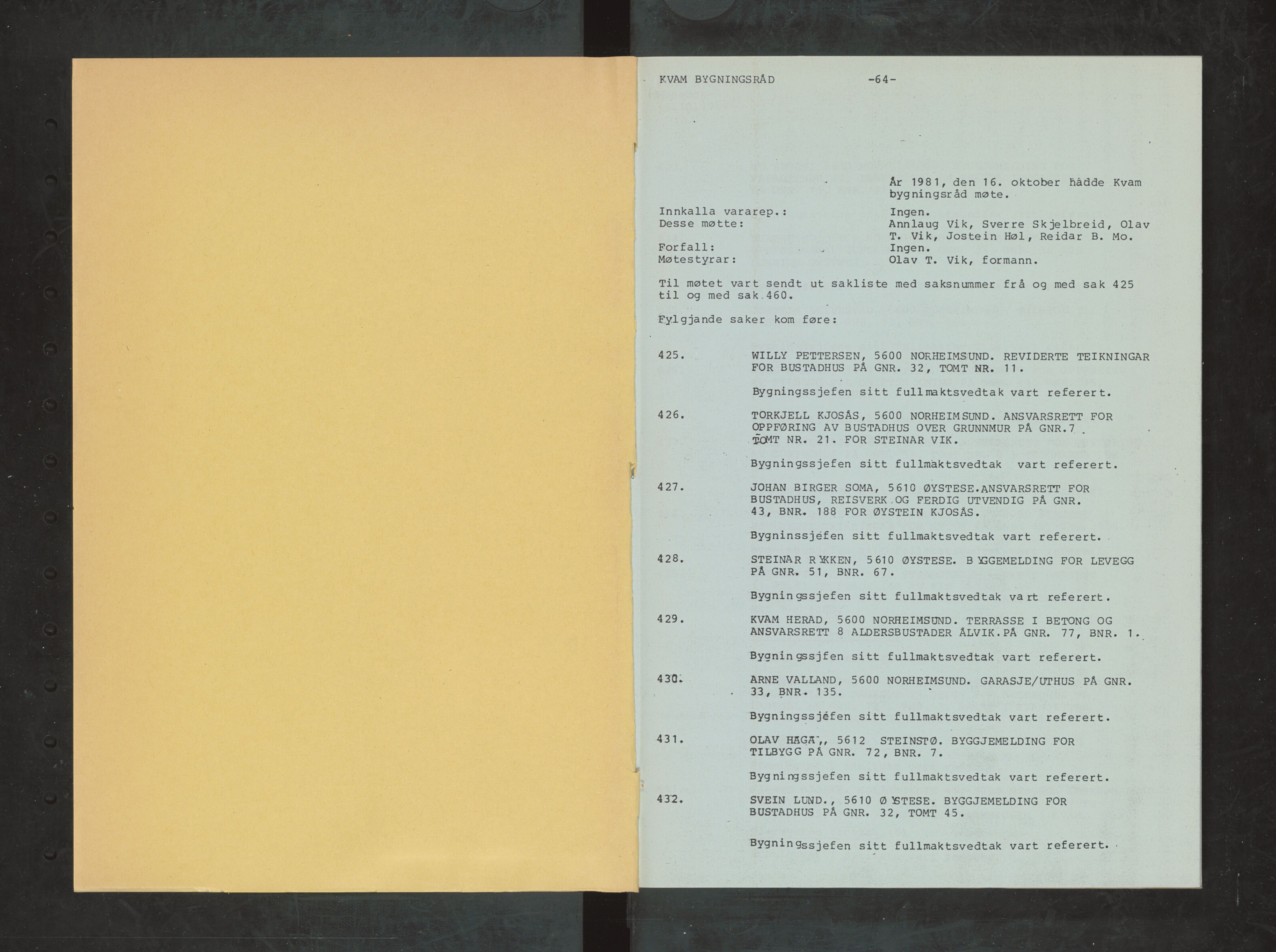 Kvam herad. Bygningsrådet, IKAH/1238-511/A/Ab/L0098: Utskrift av møtebok for Kvam bygningsråd, 1981