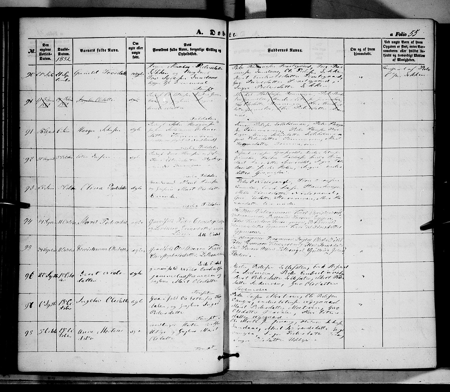 Tynset prestekontor, SAH/PREST-058/H/Ha/Haa/L0020: Parish register (official) no. 20, 1848-1862, p. 55