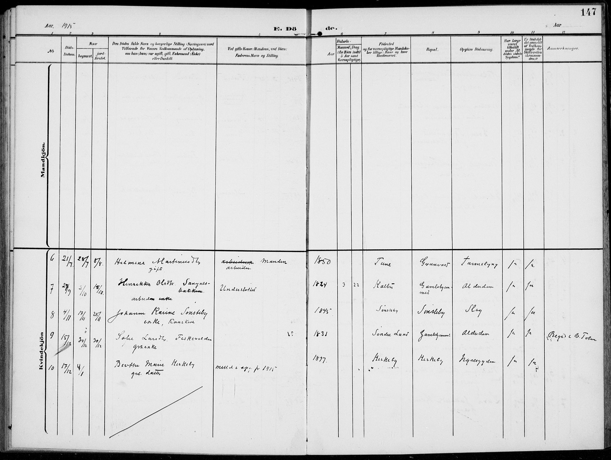 Kolbu prestekontor, SAH/PREST-110/H/Ha/Haa/L0001: Parish register (official) no. 1, 1907-1923, p. 147