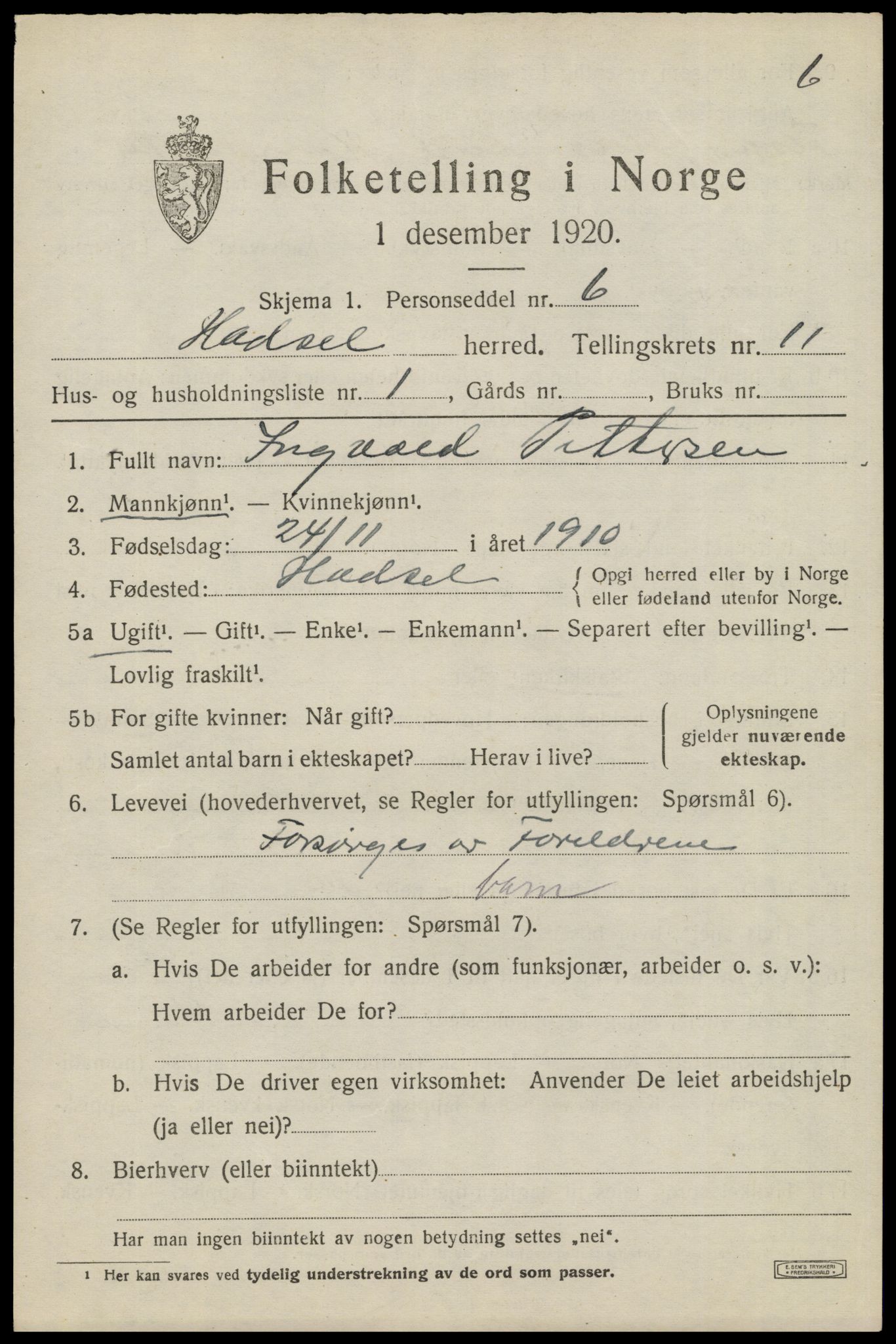 SAT, 1920 census for Hadsel, 1920, p. 8700