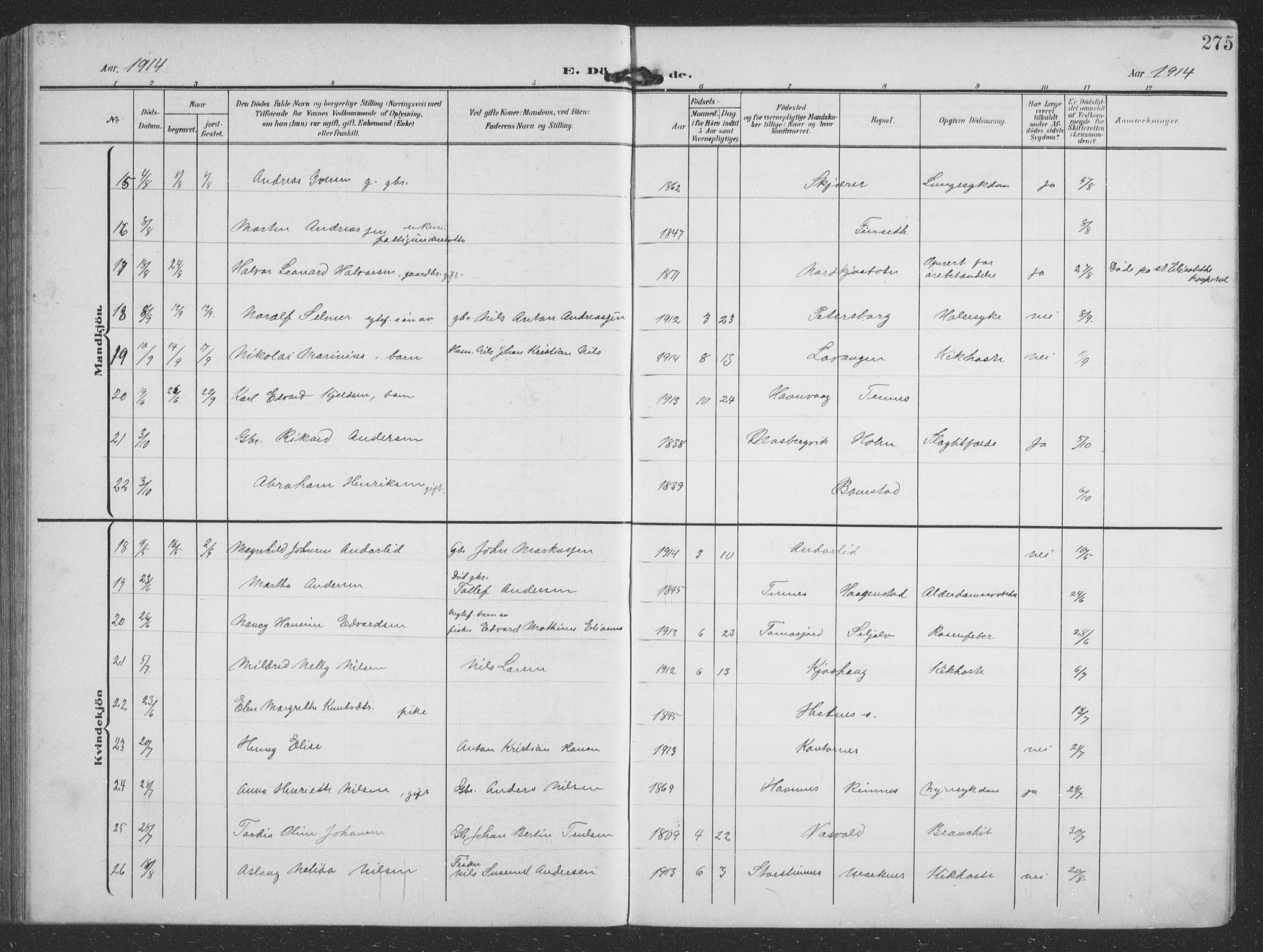 Balsfjord sokneprestembete, AV/SATØ-S-1303/G/Ga/L0009klokker: Parish register (copy) no. 9, 1906-1920, p. 275