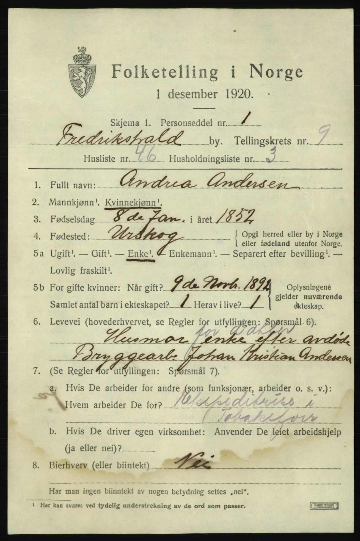 SAO, 1920 census for Fredrikshald, 1920, p. 16969