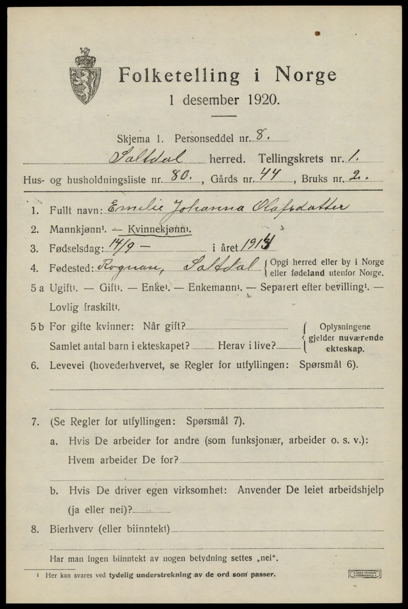 SAT, 1920 census for Saltdal, 1920, p. 2303