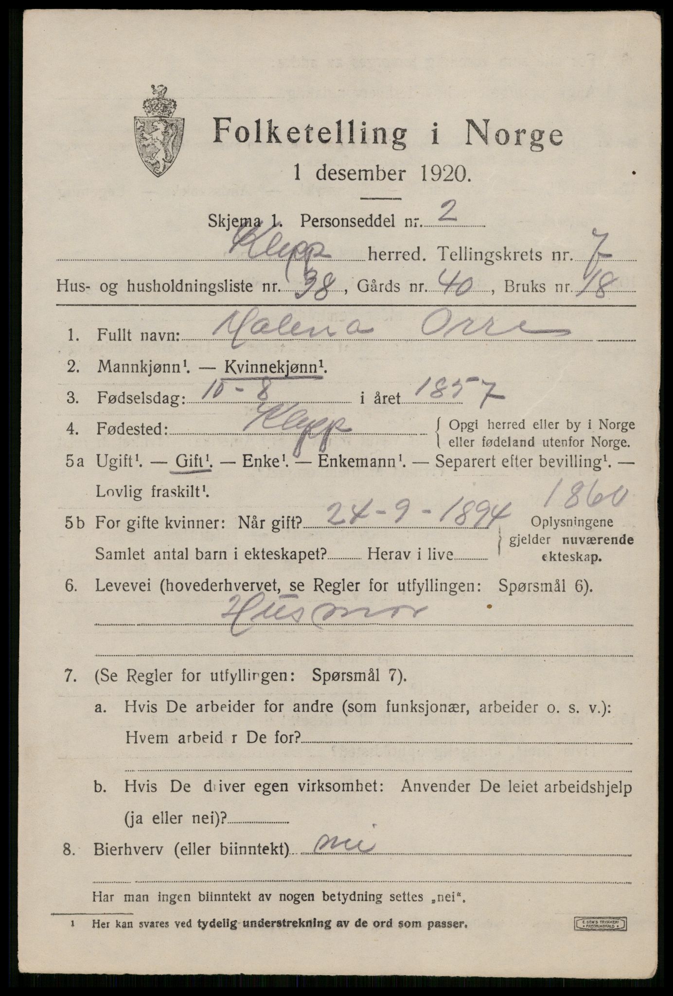 SAST, 1920 census for Klepp, 1920, p. 6956