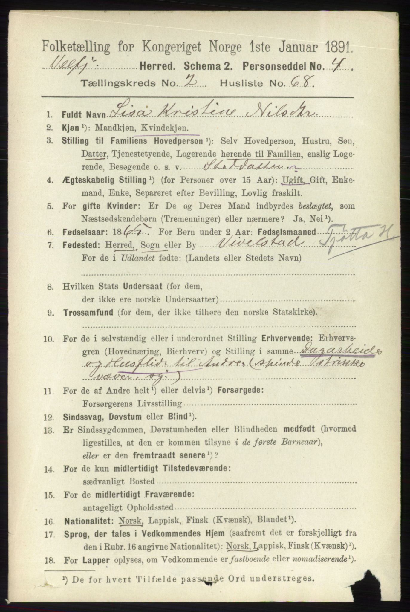 RA, 1891 census for 1813 Velfjord, 1891, p. 939