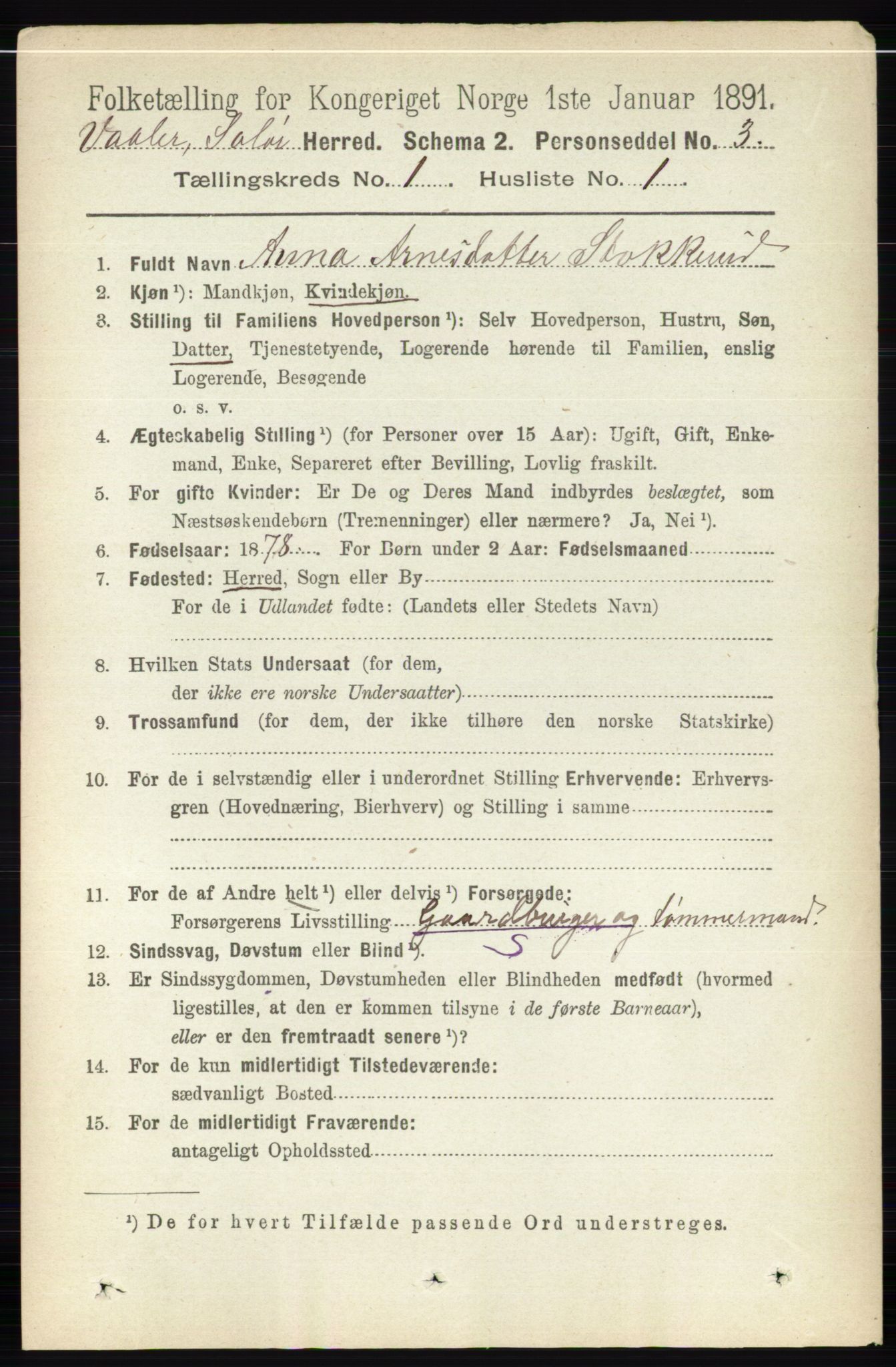 RA, 1891 census for 0426 Våler, 1891, p. 97