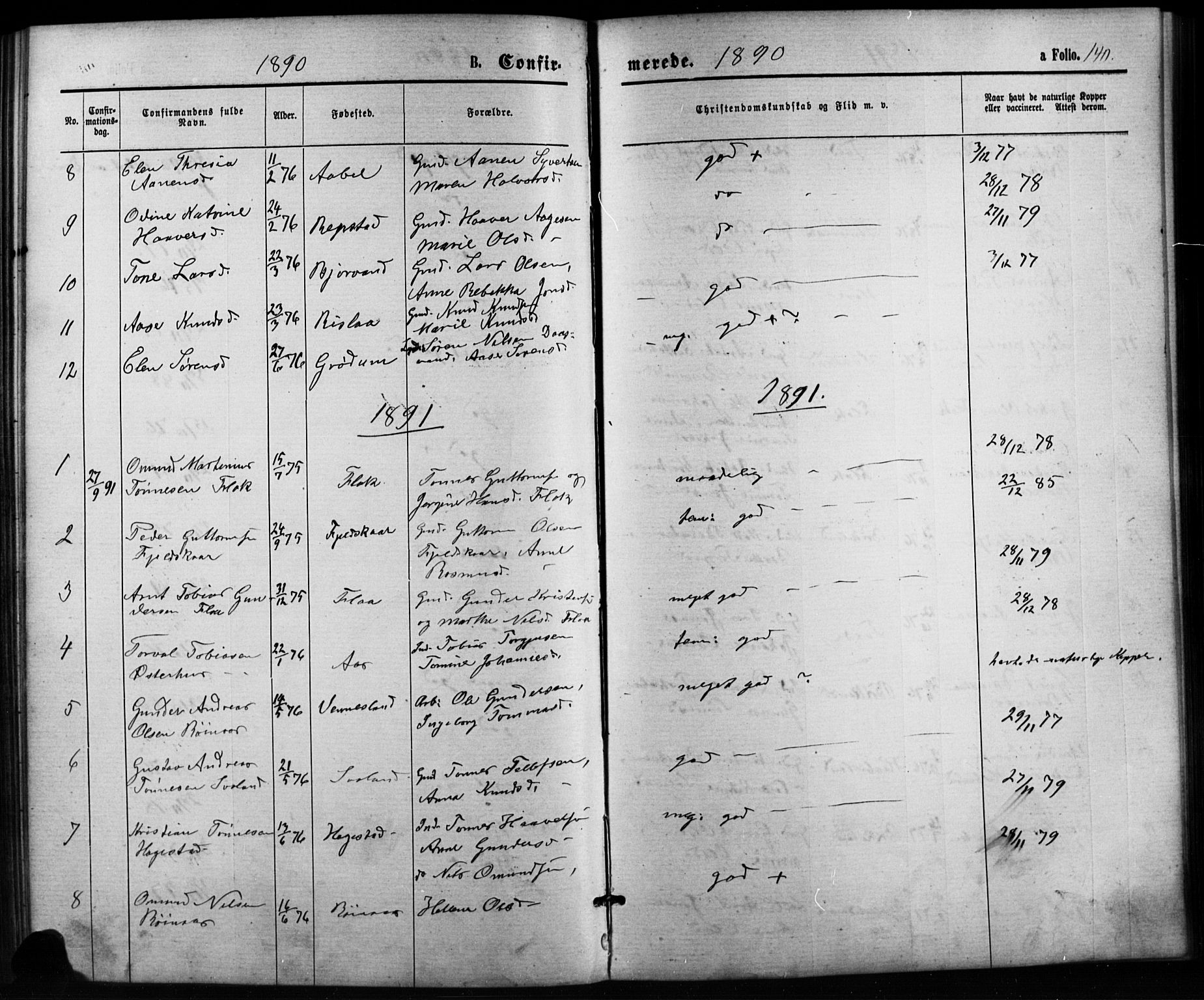 Birkenes sokneprestkontor, SAK/1111-0004/F/Fb/L0003: Parish register (copy) no. B 3, 1876-1892, p. 140