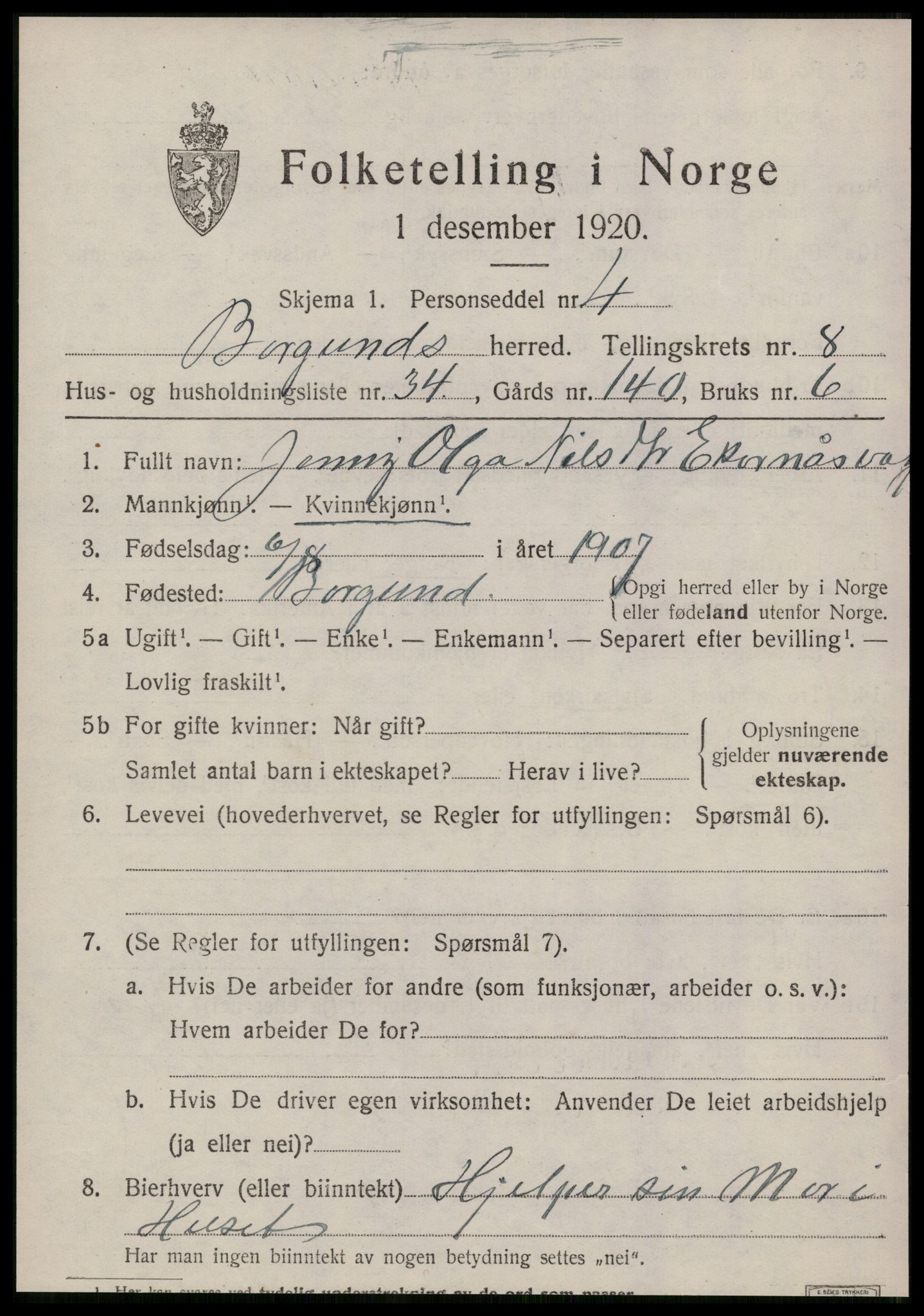 SAT, 1920 census for Borgund, 1920, p. 7978