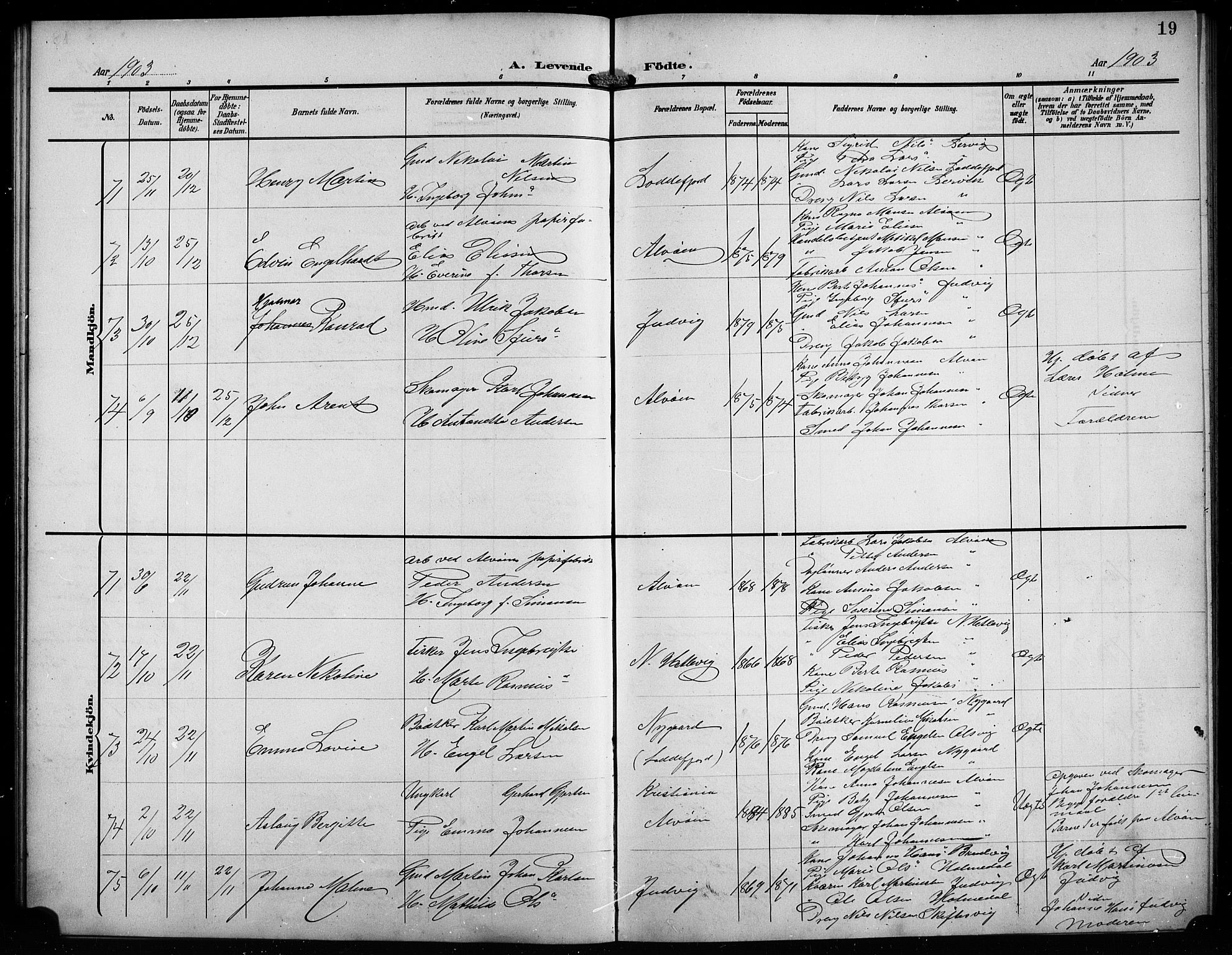 Askøy Sokneprestembete, SAB/A-74101/H/Ha/Hab/Haba/L0010: Parish register (copy) no. A 10, 1903-1907, p. 19